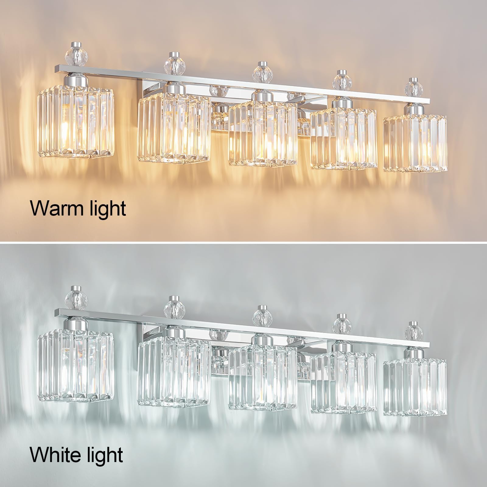 FDPBY 5-Light Chrome Crystal Vanity Light Fixtures, Model 290, Metal Bathroom Lighting Over Mirror