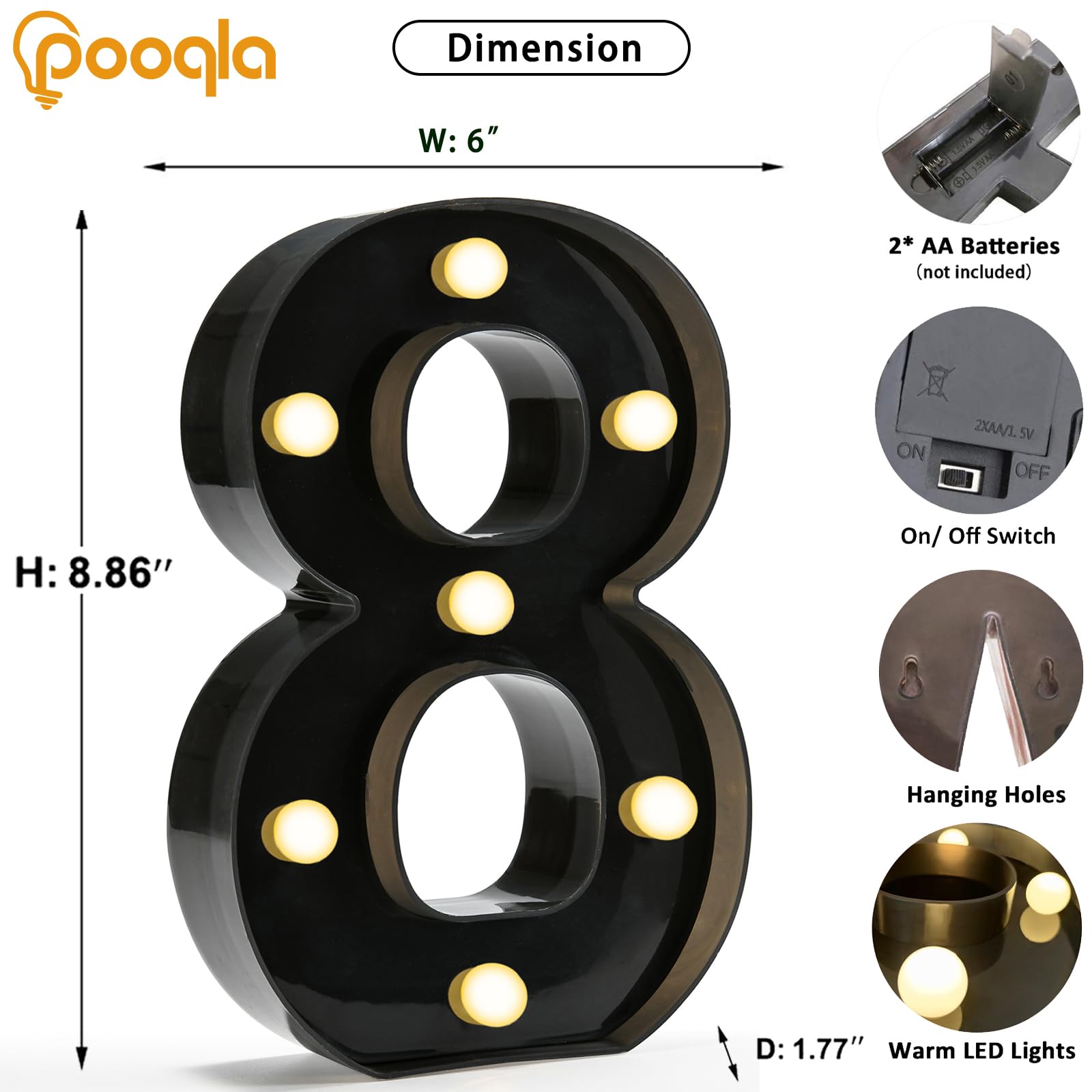 Pooqla Decorative Led Light Up Number Letters, Black Plastic Marquee Number Lights Sign For 8Th 18Th 80Th Birthday Party Wedding Decor Battery Operated Black Number 8