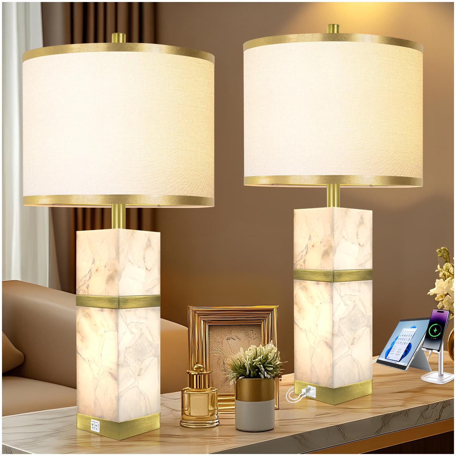 Natural Alabaster Table Lamps Set Of 2 - Table Lamp With Night Light For Bedroom,Nightstand Lamps With Usb Ports,Bedside Lamps W