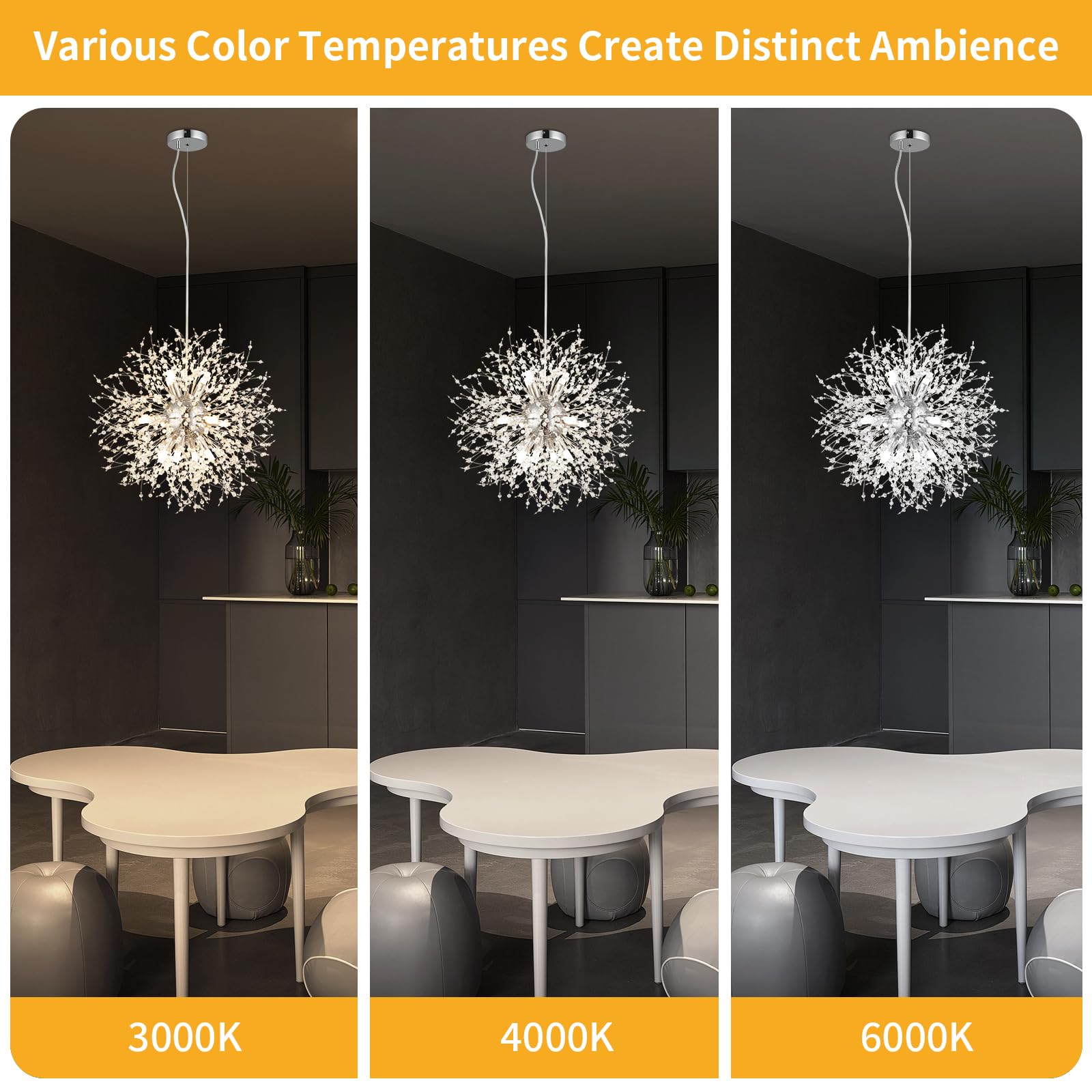 Foucasal 12-Light Crystal Pendant Light Modern Dandelion Sputnik Chandelier Chrome Firework Ceiling Lighting Fixture For Dining