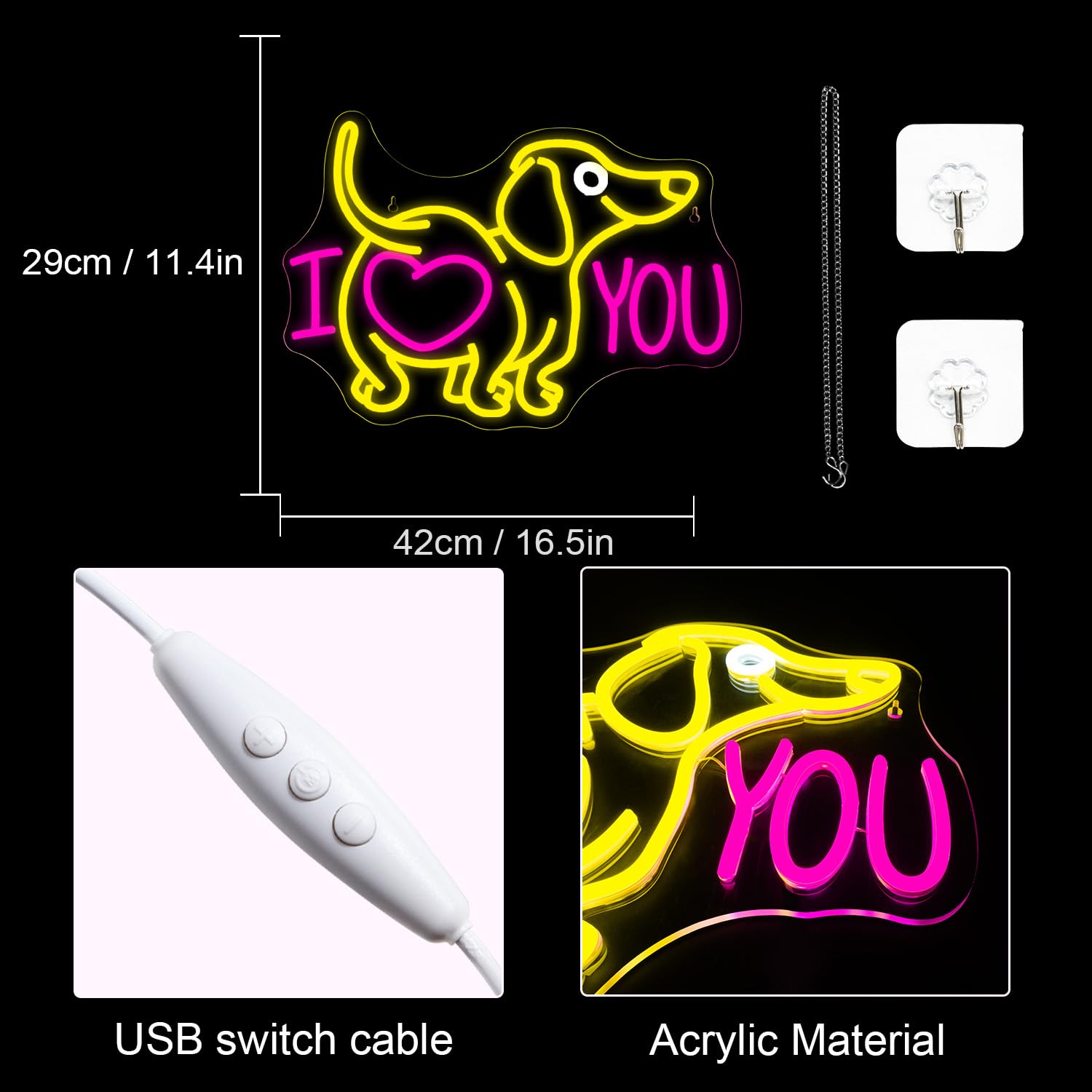 LUCUNSTAR Dog Neon Sign - I Love You LED Wall Decor, 12.5in x 16.5in, Pink Plastic Light for Pet Shop, Party Decor, Valentines Day Gift