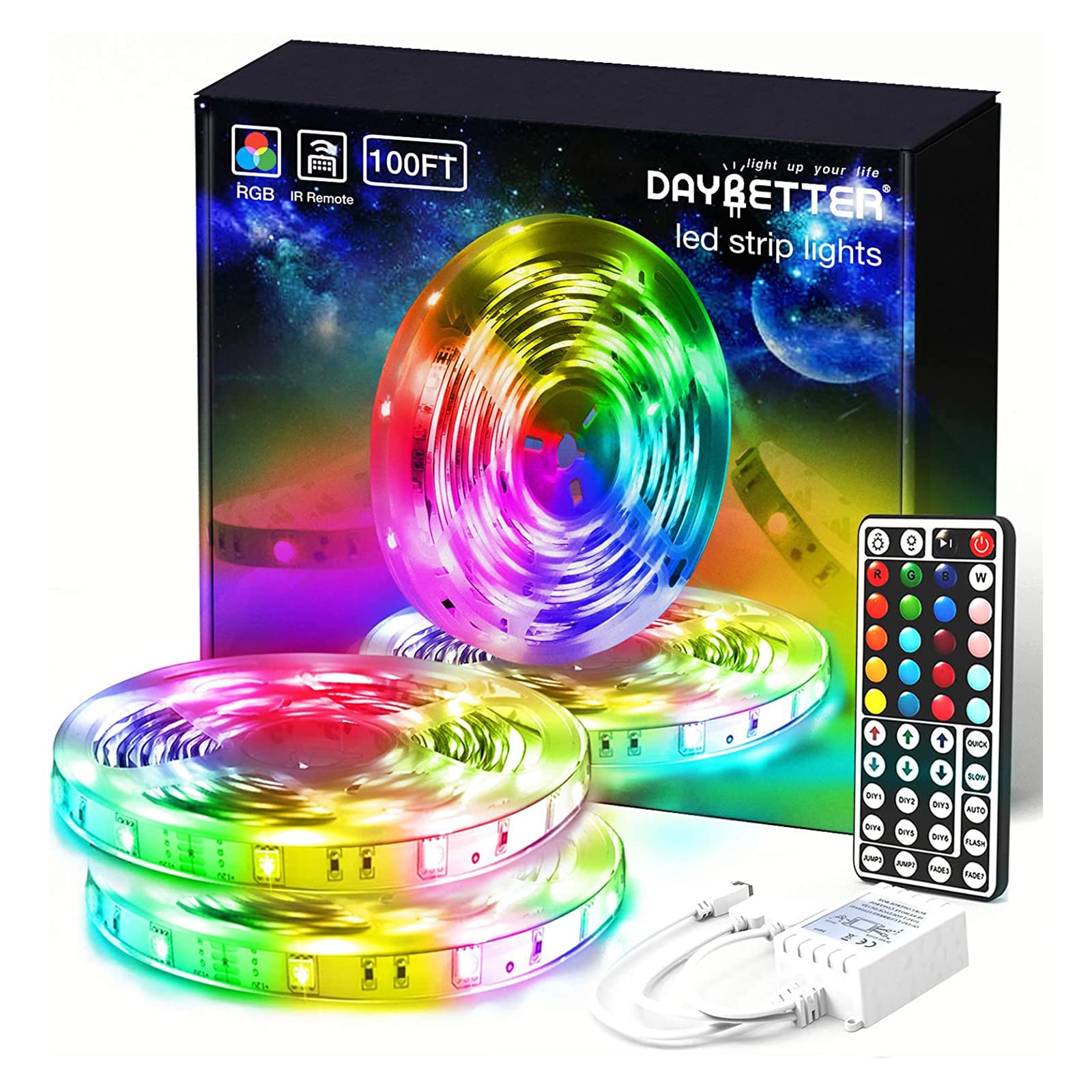 Daybetter (2Rd Gen Smd 5050 Remote Control Led Strip Lights 100Ft Color Changing With 44Keys Remote Controller And 24V Power Sup
