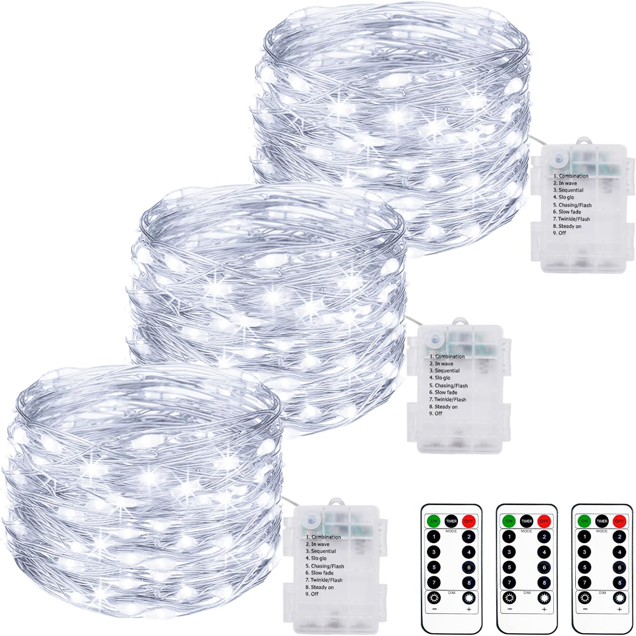 3 Pack 33FT 100LED Fairy String Lights Battery Operated with Remote and Timer,IP65 Waterproof Dimmable Copper Wire 8 Modes Twinkle Lighting for Indoor Outdoor Bedroom Christmas Decor-Cool White