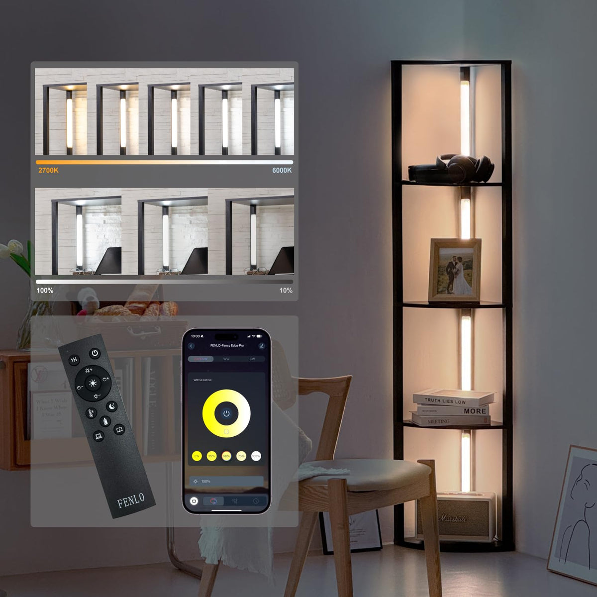 Fenlo Dimmable Led Corner Floor Lamp With Shelves, Corner Shelf Floor Lamps For Living Room, Led Corner Display Shelf With Light