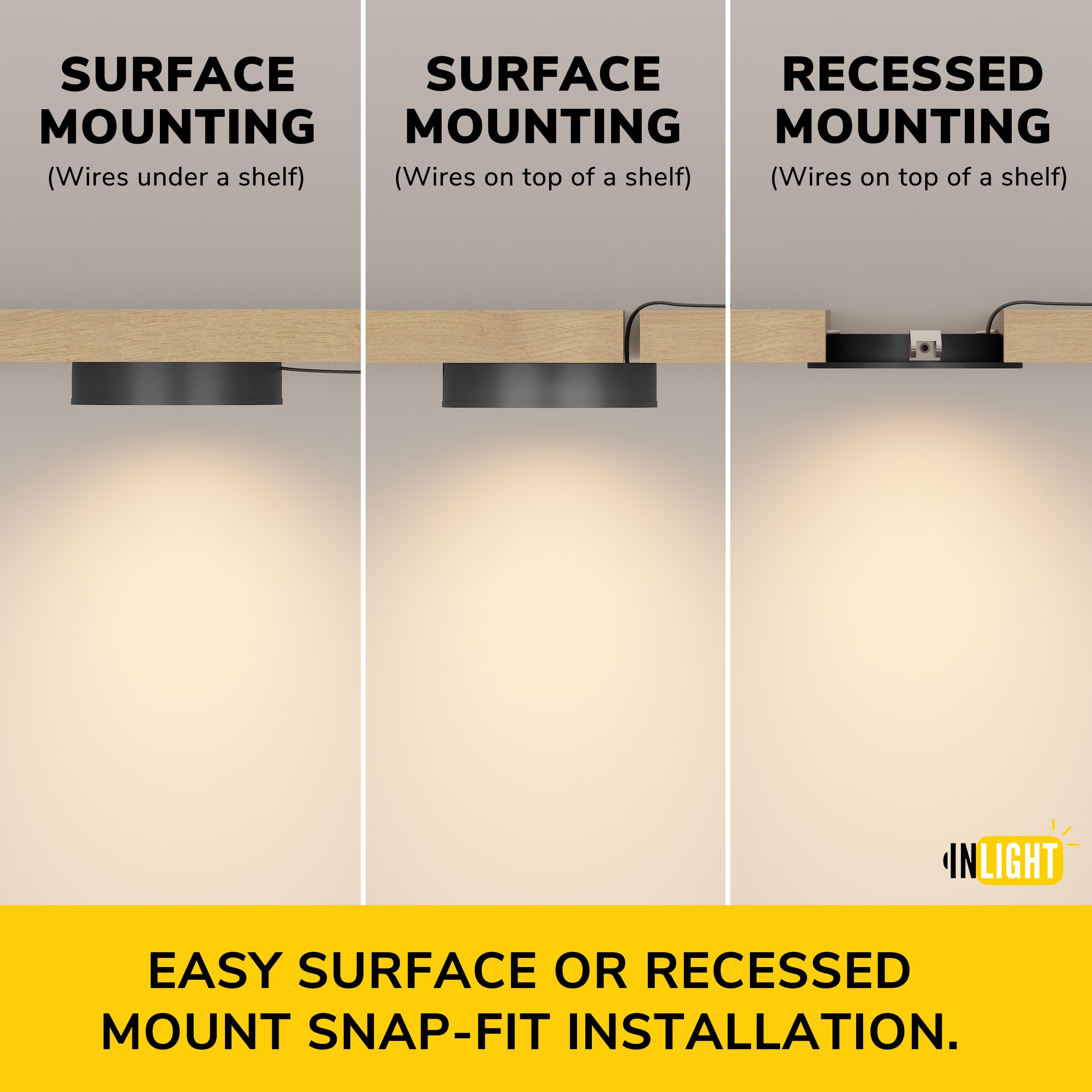GETINLIGHT Dimmable LED Puck Lights Kit, 3-Pucks, 3000K, Black, Model IN-0102-3-BK, Plug-in Installation, Recessed