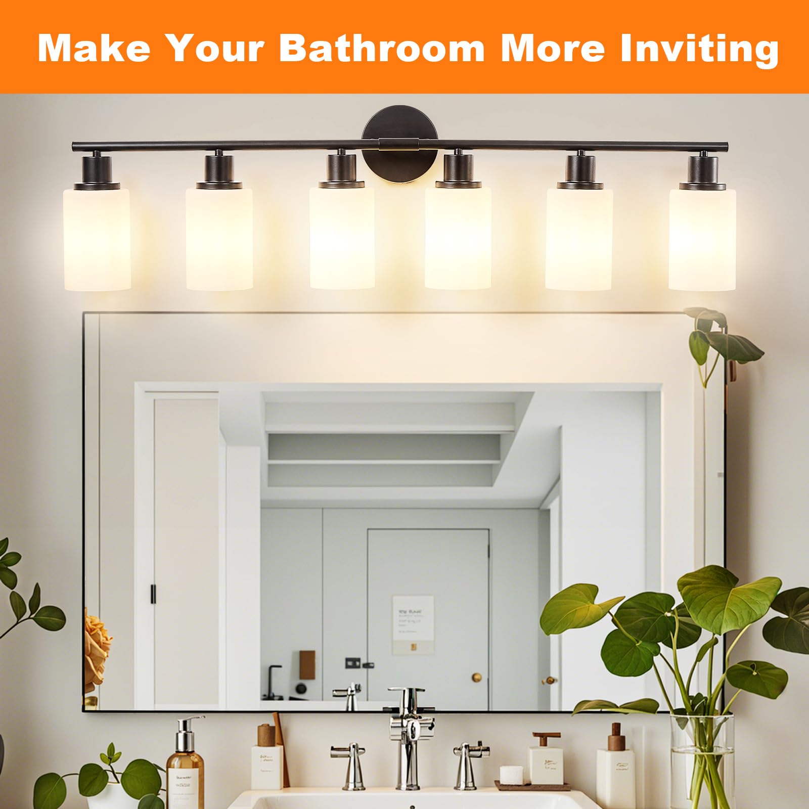 DINGLILIGHTING 6-Light Bathroom Vanity Light Fixtures, Black Metal with Milky White Glass Shade, Ideal for Mirror, Kitchen, Living Room