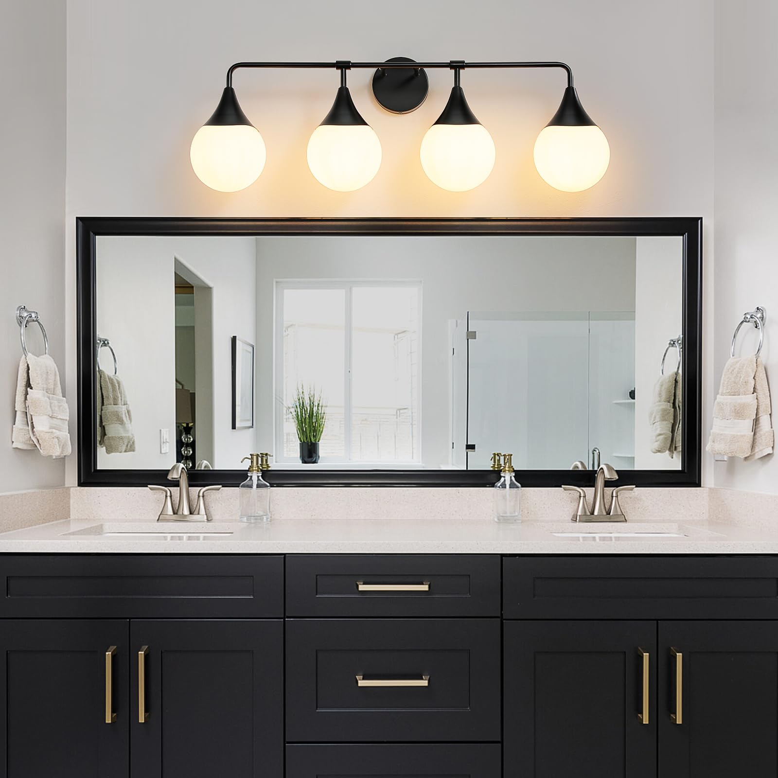 Hahzt Bathroom Vanity Light Fixtures: 4-Light Mid Century Modern Bathroom Lighting Fixtures Over Mirrors - Matte Black Wall Sconce With Milky Glass Ball Shade For Bath Bedroom