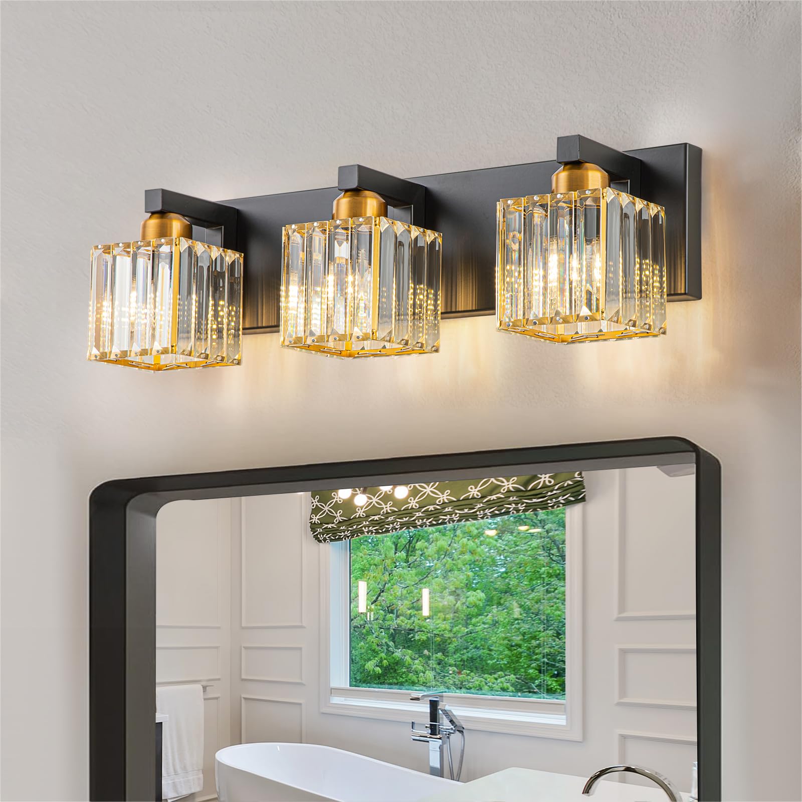 Huoku Black Gold Crystal Bathroom Vanity Light - 3-Lights Modern Bathroom Lighting Fixtures Over Mirror, Wall Light