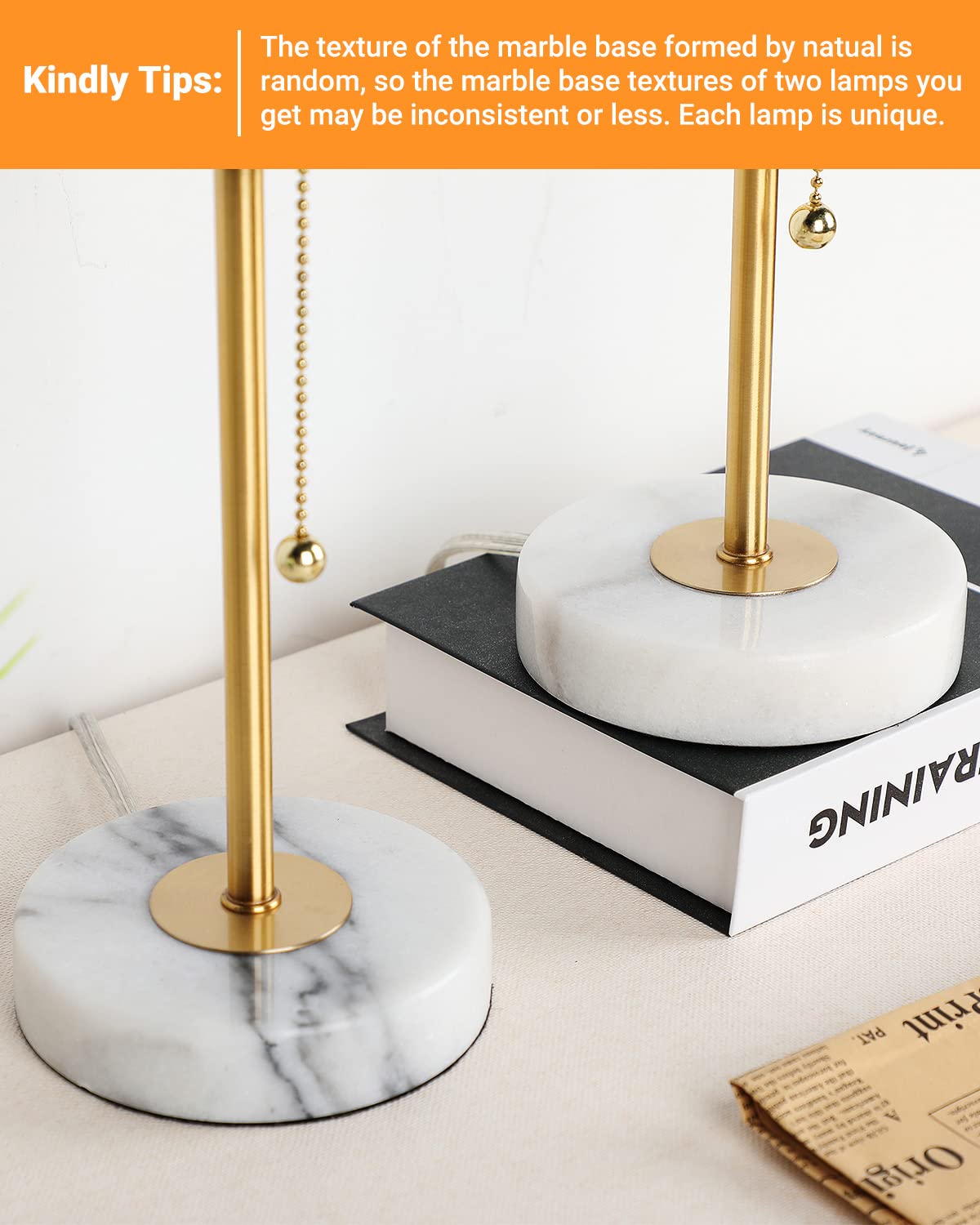 JUNNAI Bedside Table Lamp Set of 2 - 18.5" Dimmable Linen Shade, Marble Base, Gold Pole