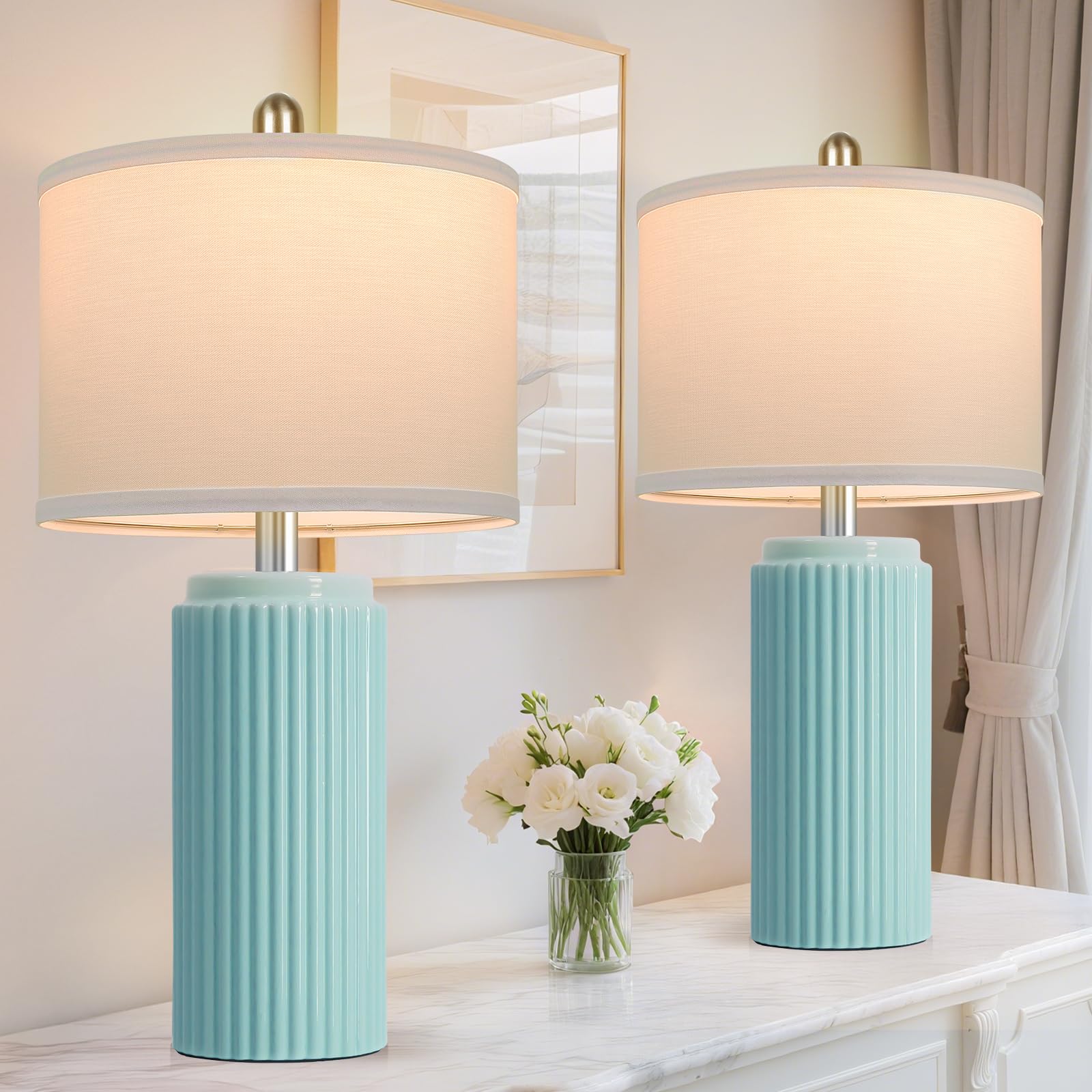 23.5 Light Green Coastal Table Lamps for Bedroom Set of 2  Modern Ceramic Nightstand Lamps for Living Room  Elegant Bedside Lamps with White Line Shade Set for Reading  Farmhouse Side Table Lamps
