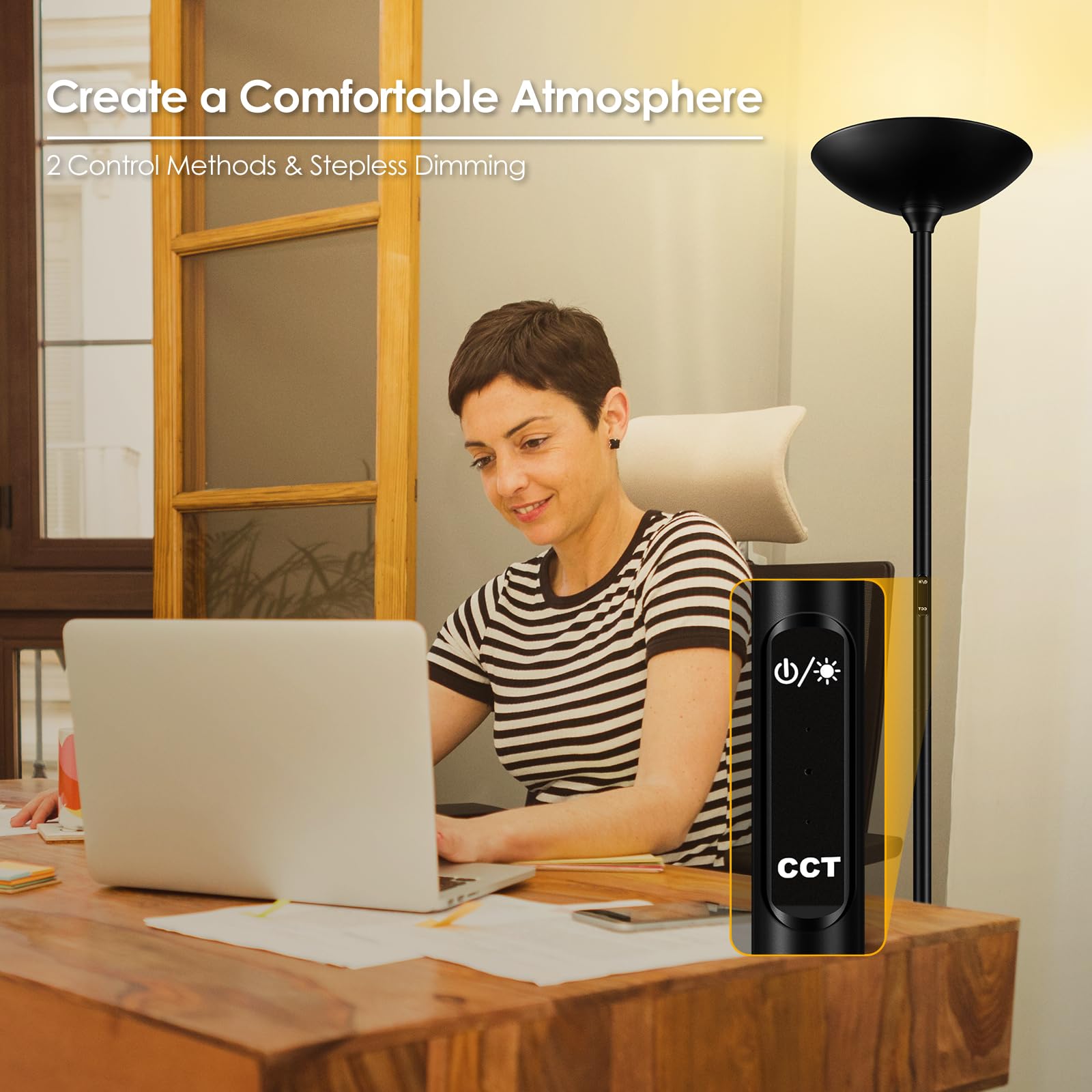 Bricosmocon 30W Dimmable Led Floor Lamp With Remote, 71In Tall Modern Black Torchiere For Home