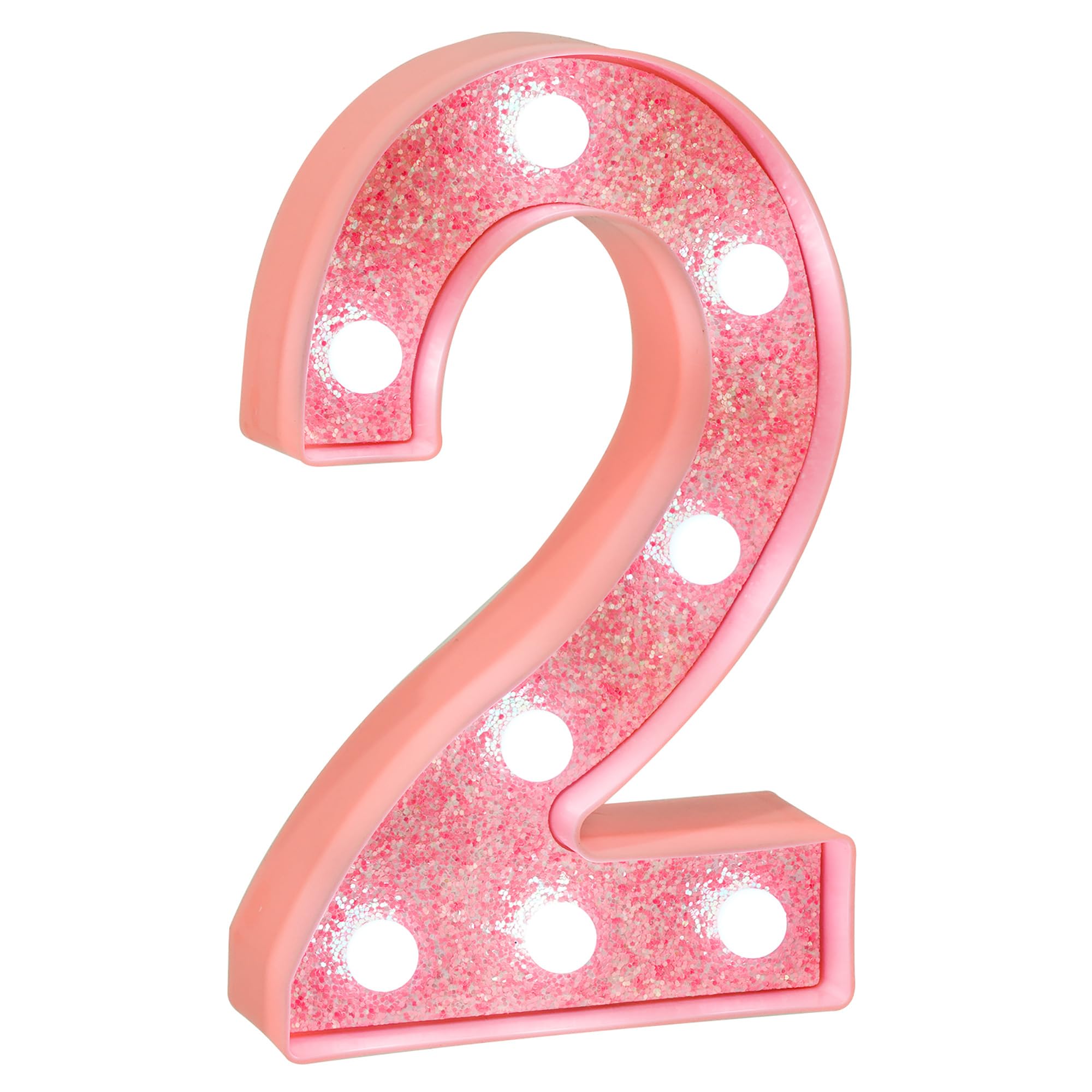 EUFONY Pink Glitter LED Marquee Light Up Number 2 with Cool White Lights, Battery-Powered Numbers sign for Girls Birthday Party