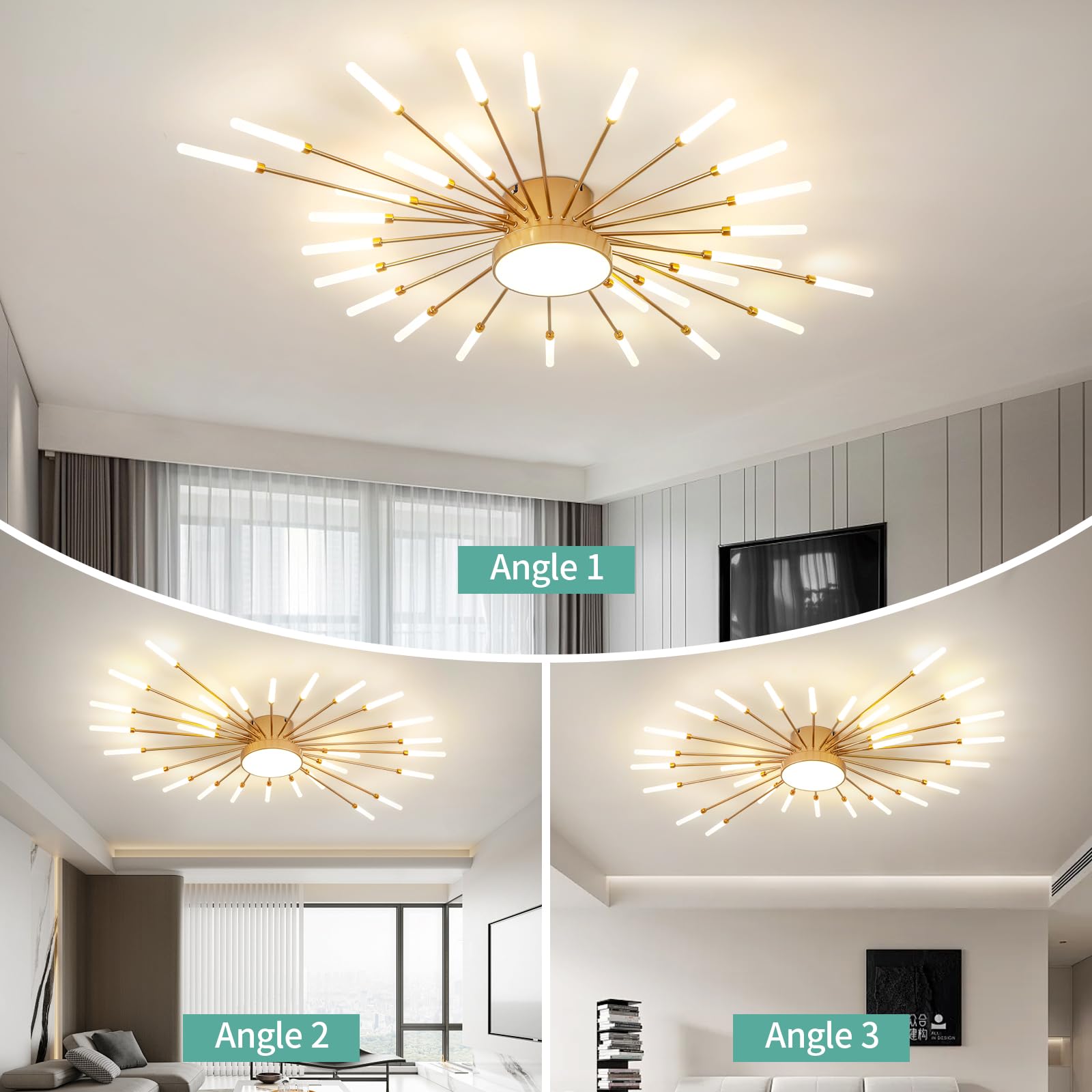 Ziidoo Modern Ceiling Light  28+1 Lights Metal Firework Designed Chic Led Lighting Fixture For Farmhouse Kitchen Dining Room Bedroom Hallway Living Room (Gold And Dark Gold)