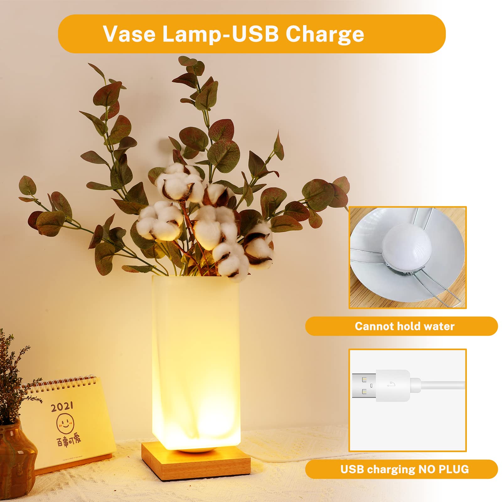 Floresita Dimmable Table Lamp - Frosted Glass Shade, Wood Base, USB Charge, 3 Colors, Model 1001