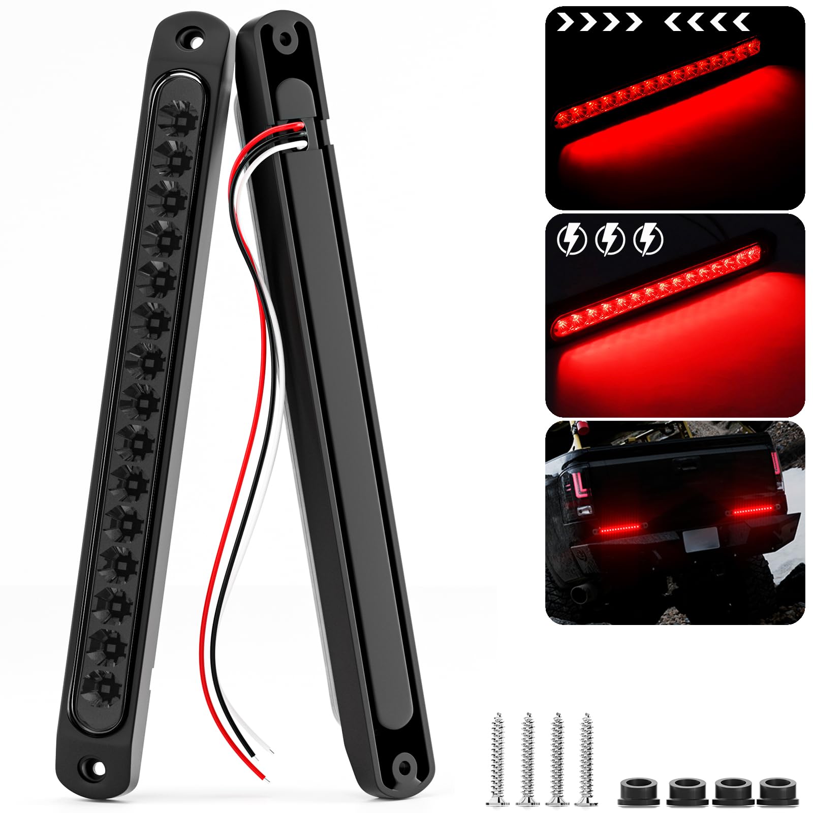 PSEQT 10in LED Trailer Brake Tail Lights Bar Waterproof Smoked Red 2Pcs, PC Lens, ABS Housing, Model PSEQTWBSR