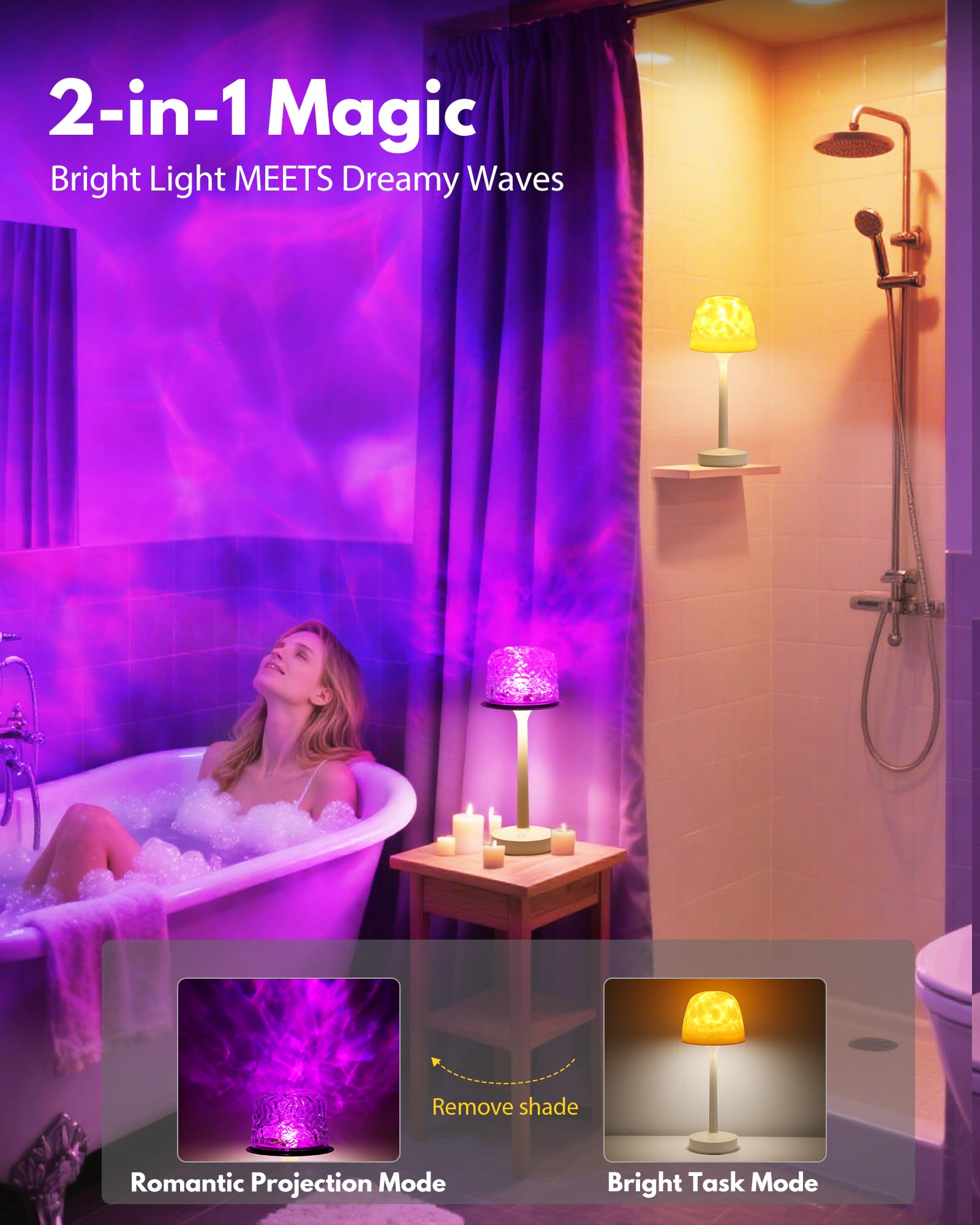 Funlenry Spa-Like Shower Lamp, Waterproof 16 Color Ocean Wave Projector, Rechargeable, 5x5x12.5 inches, Multicolor, Model CY/GY-01