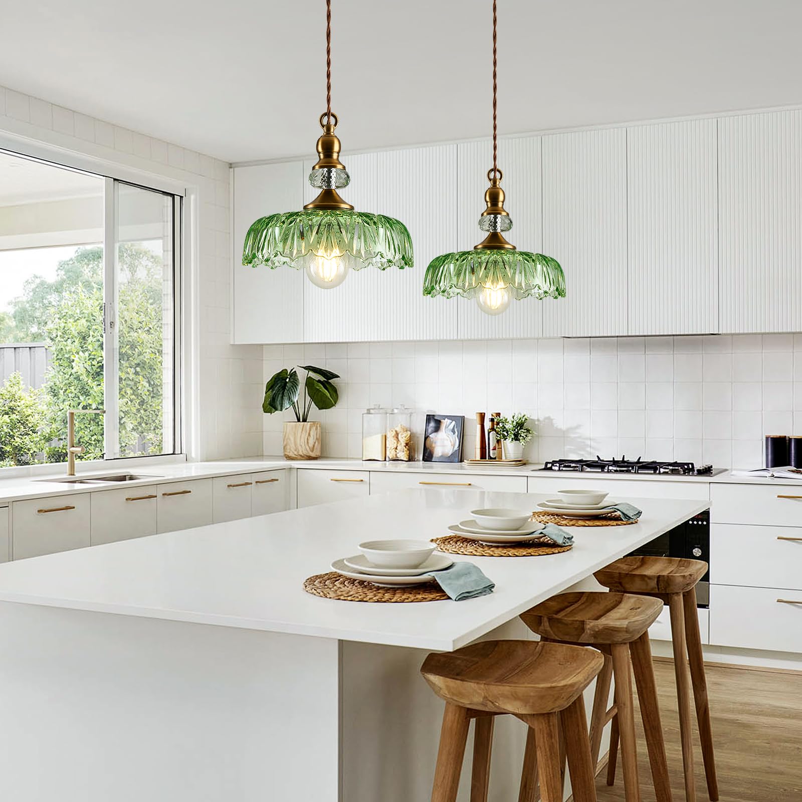 CVKASH Vintage Glass Pendant Light Fixture - Green Adjustable Chandelier for Dining Room, Living Room, Bedroom, Kitchen - Model W-2224