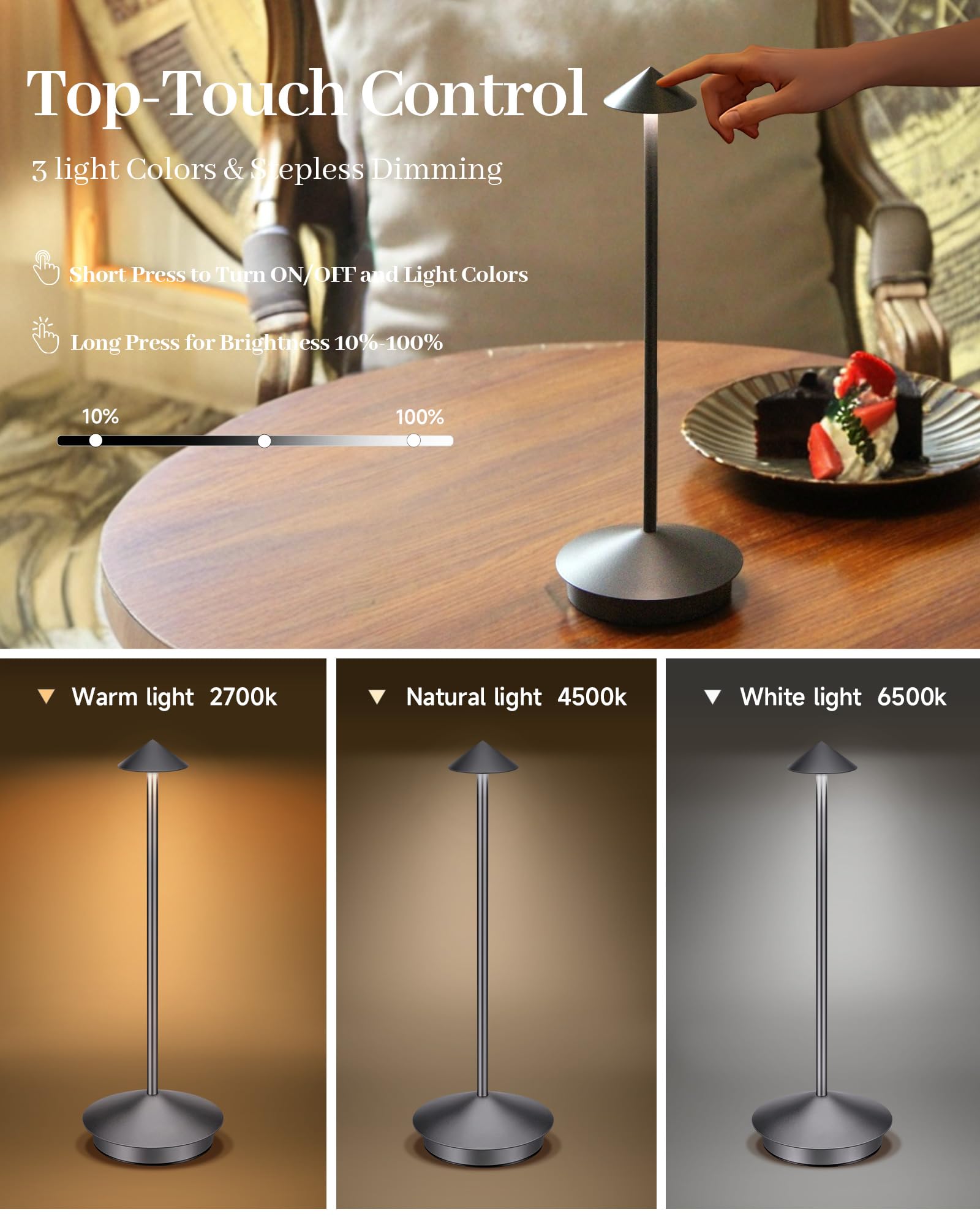 XMINKDZA Portable LED Cordless Table Lamp 2 Pack, Rechargeable 6000mAh, IP54 Waterproof, Dimmable, Grey Aluminum Metal