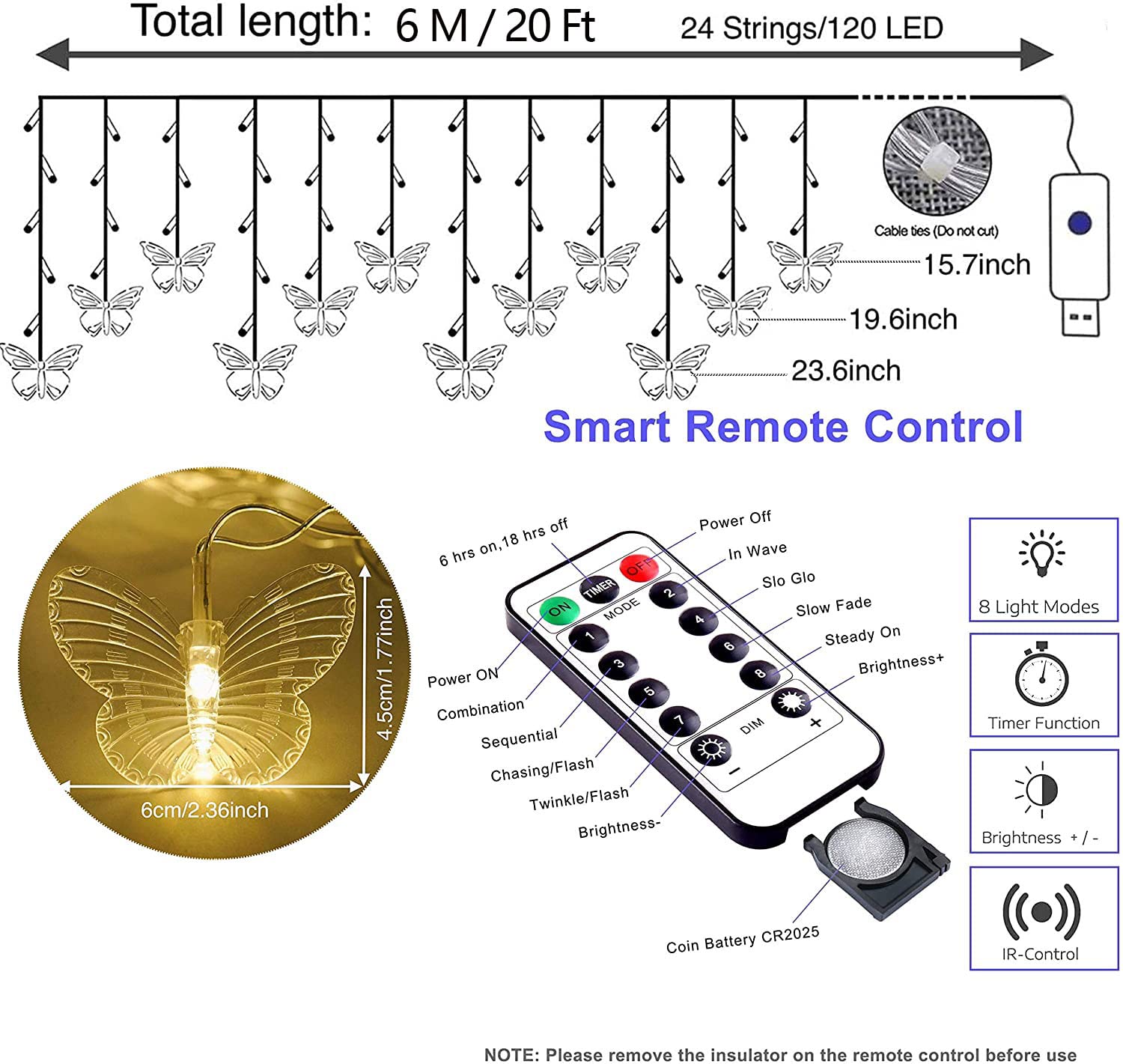 Starrymine 20Ft Curtain Butterfly String Lights, 120Led Usb Fairy Lights, Warm White, 8 Modes