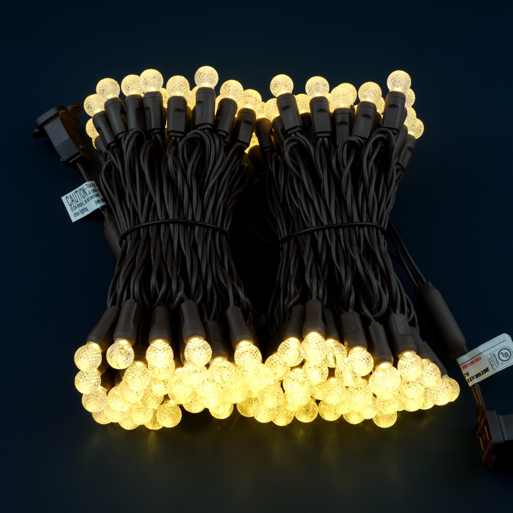 YULETIME G12 Christmas Lights, 140 Count, 48 Feet, Warm White, Brown Wire, Waterproof, UL Certified, Model BLF-L-70E/2F(0.08