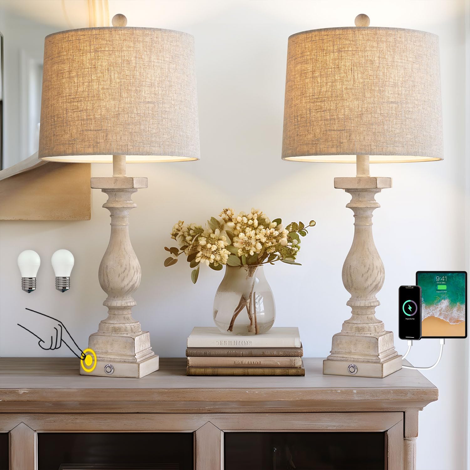 BOBOMOMO 27in Farmhouse Table Lamp Set of 2, Dimmable Touch Control, USB A & C Ports, Resin, Beige, Model AMZ-T279WW-TU