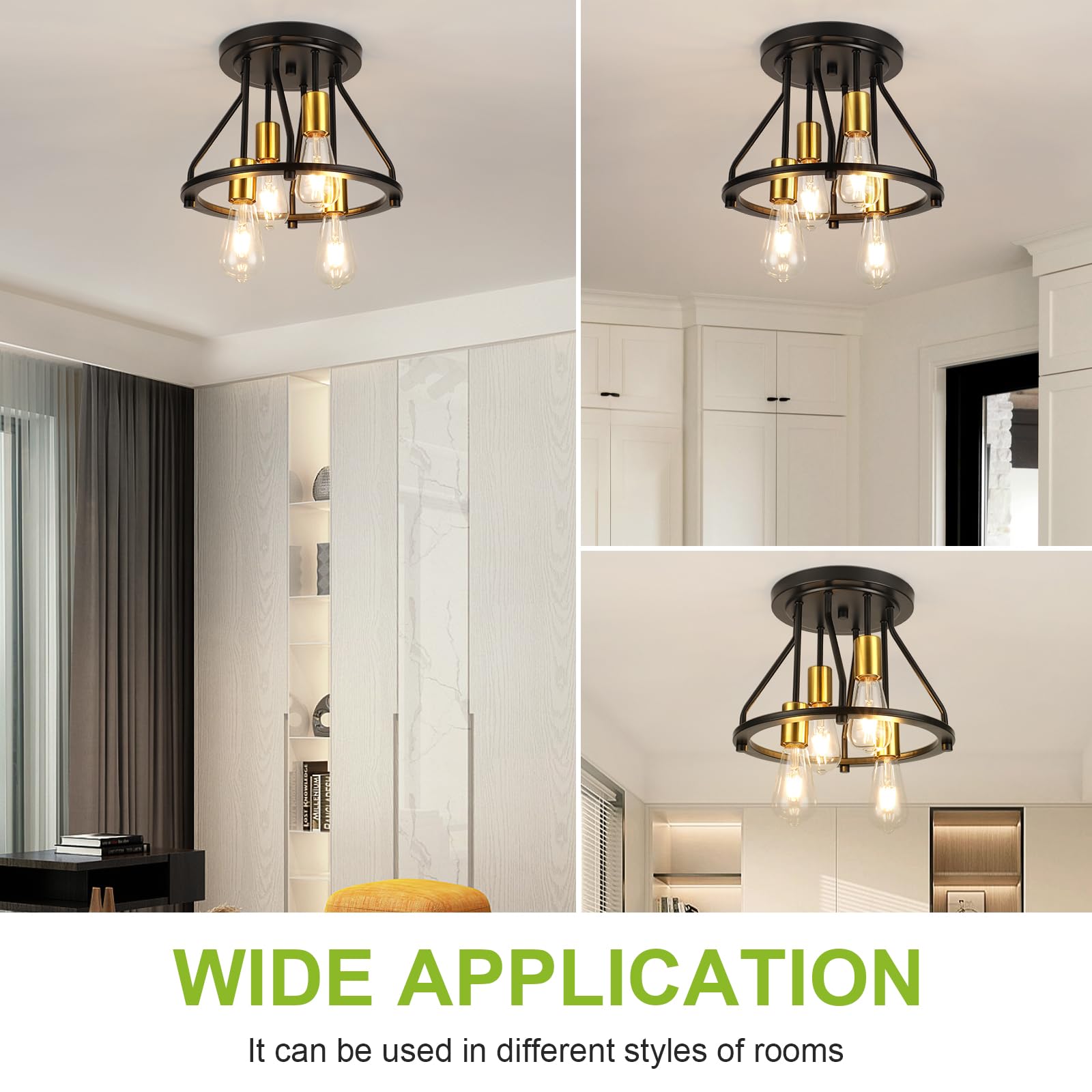 Wilon Semi Flush Mount Ceiling Light 4-Light Ceiling Light Fixtures - Black Gold Farmhouse Kitchen Light Industrial Hallway Ligh