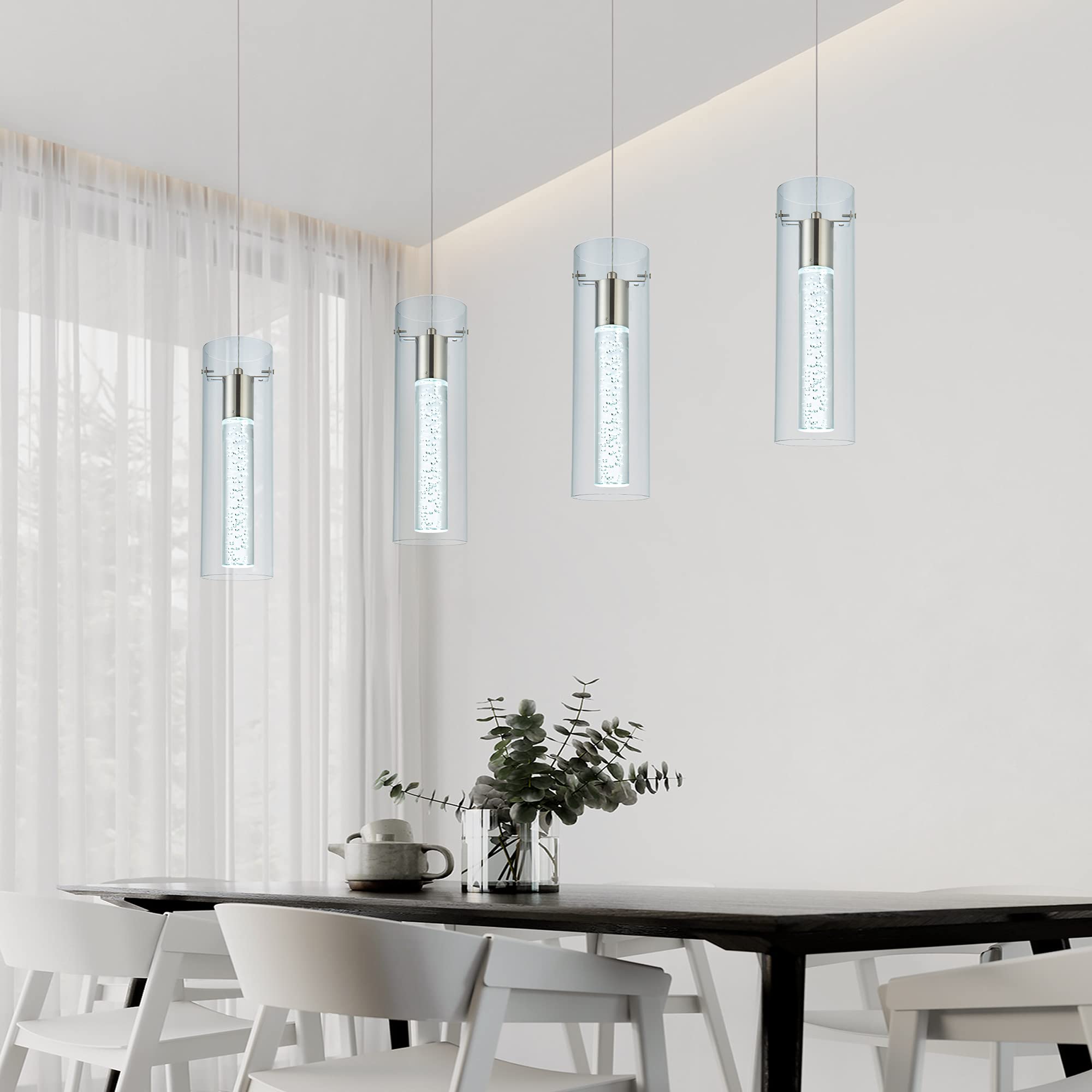 Votag Kitchen Lighting Pendant Fixtures 4-Light Led Pendant Ceiling Fixture Brushed Nickel Bubble Cylinder Pendant Light With Adjustable Length For Kitchen Island Dinning Room Bedroom