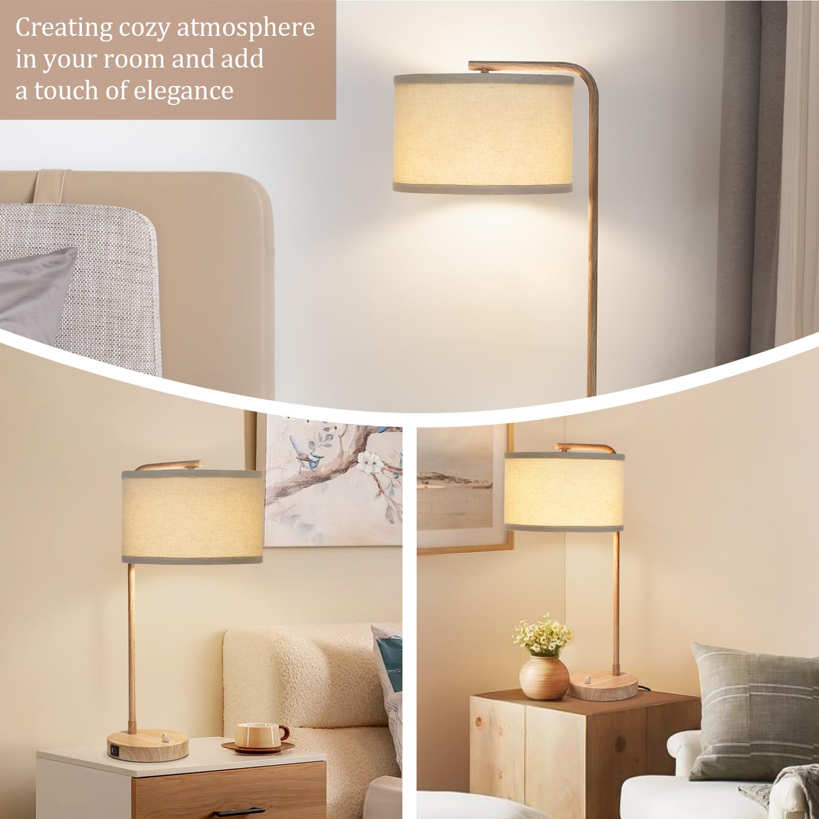 Farmhouse Table Lamp, Fully Dimmable Bedisde Lamp With Dual Usb Charging Ports, Modern Nightstand Lamp, Tall Table Lamp Desk Rea