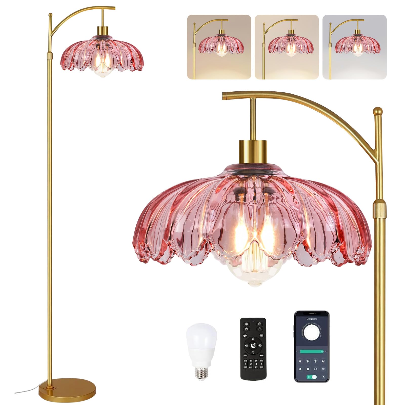 QIYIZM Pink Floor Lamp for Living Room,Bedroom,Gold Dimmable Standing Lamp with Remote,Mid Century Modern Brass Tall Lamp Boho F