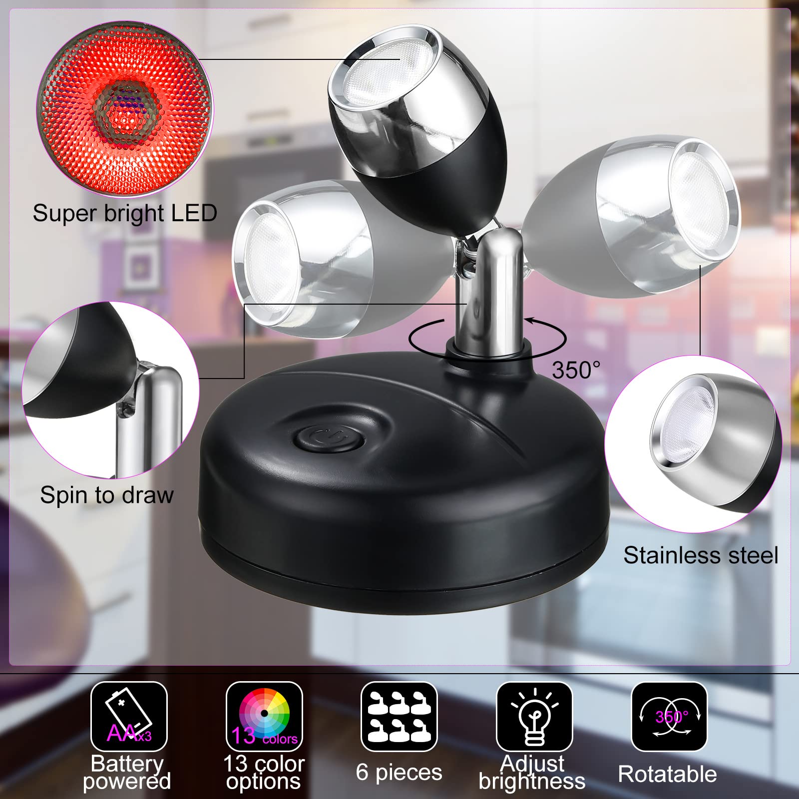 Hortsun 6-Pack Led Battery Operated Spotlights, 13 Color Rotatable Wireless Indoor Lighting, Black