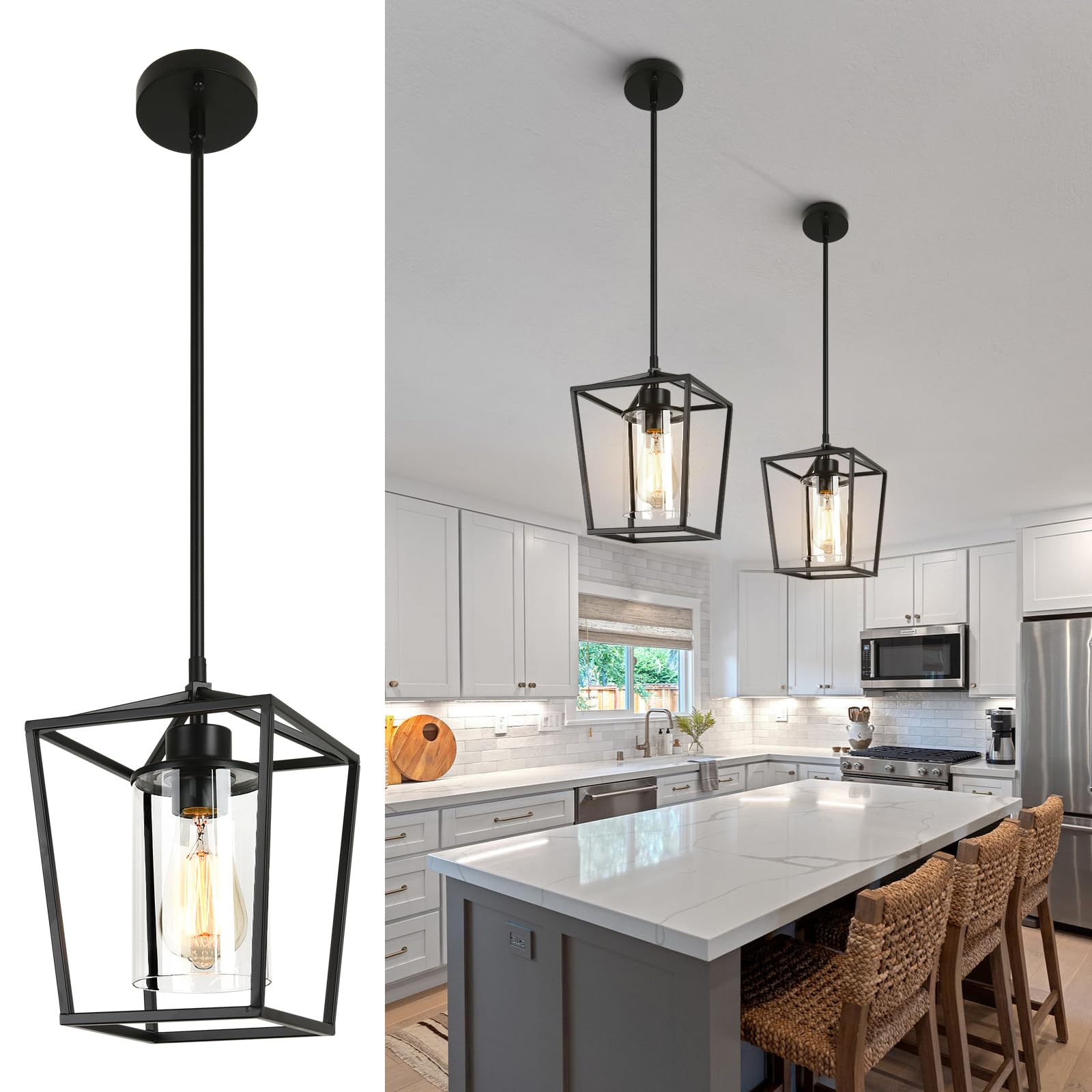 GZJunYo 2 Pack 1-Light Black Pendant Lights for Kitchen Island, Farmhouse Metal Pendant Light Iron Cage Hanging Light Fixtures w