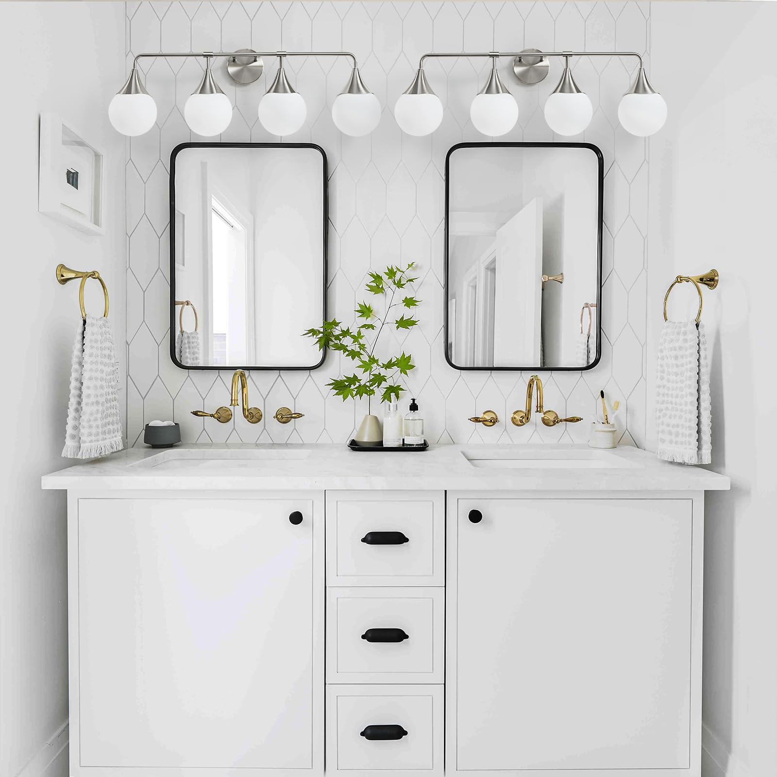 Hahzt Bathroom Vanity Light Fixtures: 4 Lights Mid Century Modern Bathroom Lighting Fixtures Over Mirrors - Brushed Nickel Wall Sconce With Milky Glass Ball Shades For Bath Bedroom