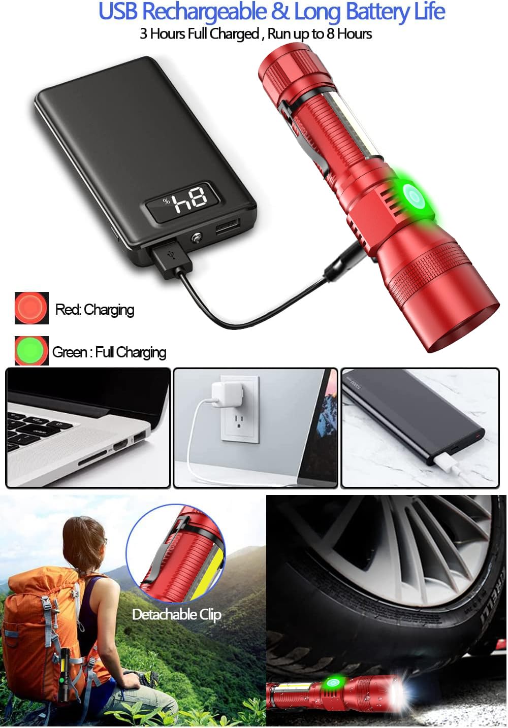 Hoxida UV Flashlight Rechargeable 3-in-1 Tactical LED 1500 Lumen Zoomable Waterproof Red Model 016-1