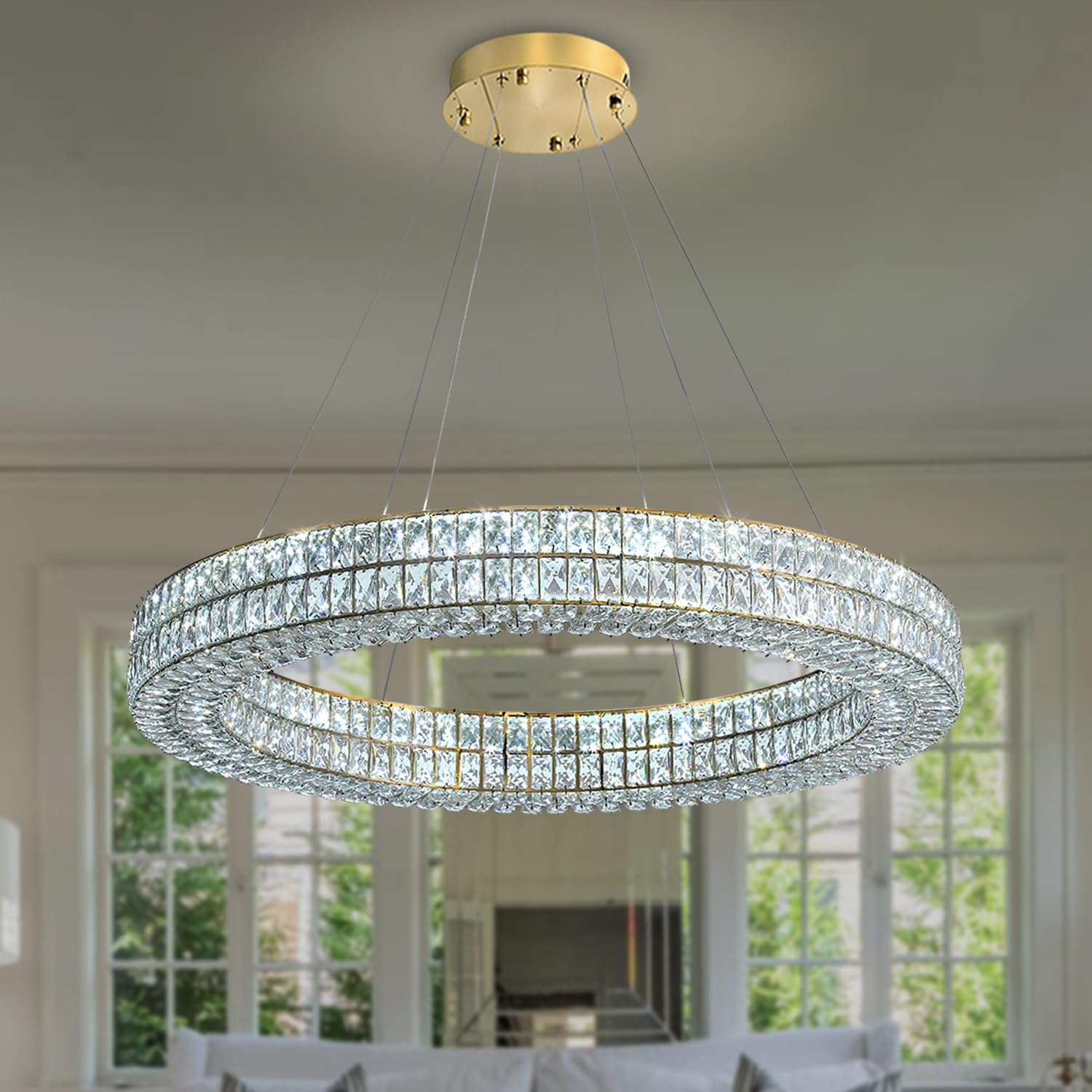 IDEQUY 32in Gold Ring Chandelier - Modern Crystal Ceiling Light Fixture for Living Room, Dining Room, Bedroom, Model CF8024-80J