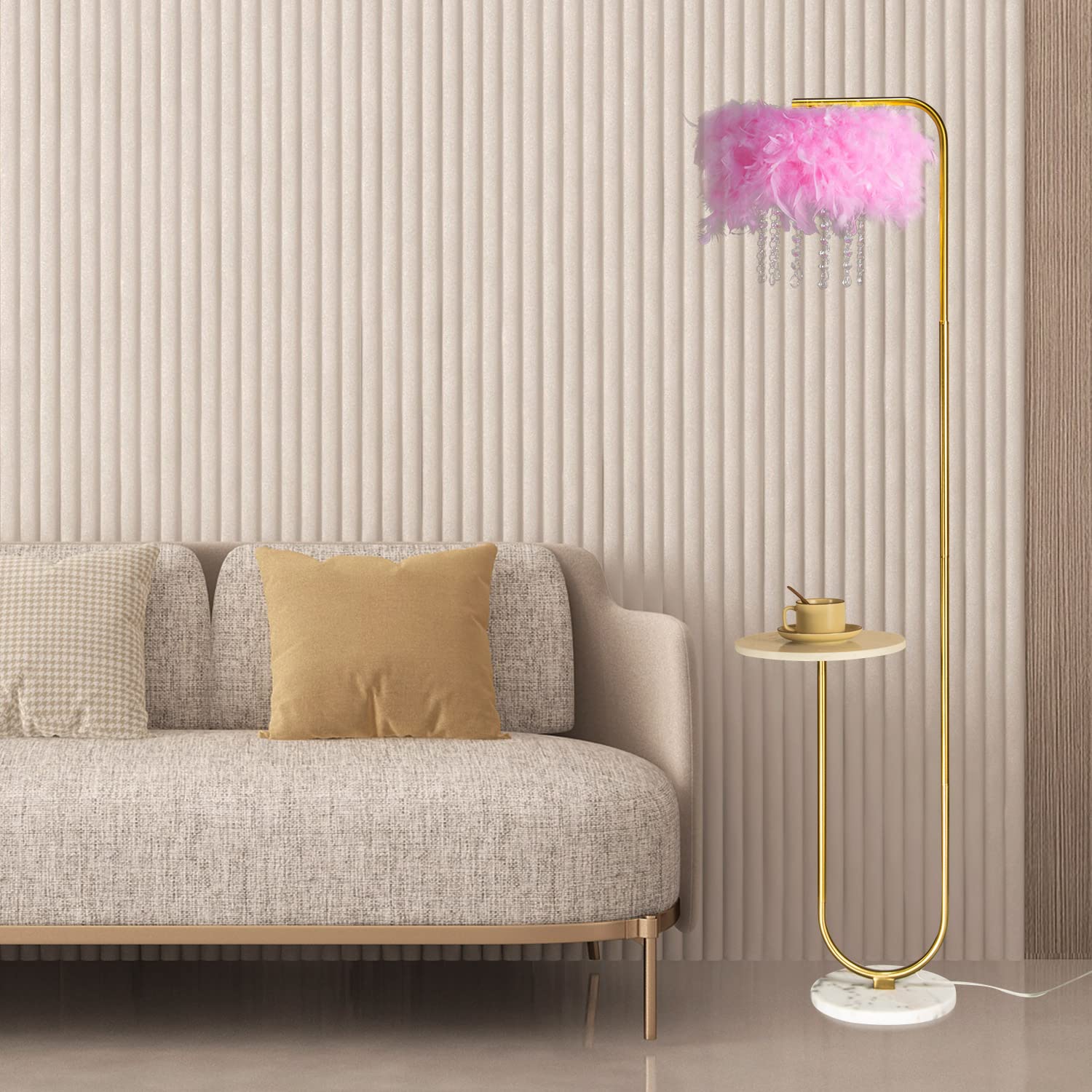 beaysyty Unique LED Pink Feather Floor Lamp, Brass Finish, 64.96" Tall, Foot Switch, Ideal for Living Room & Bedroom Decor