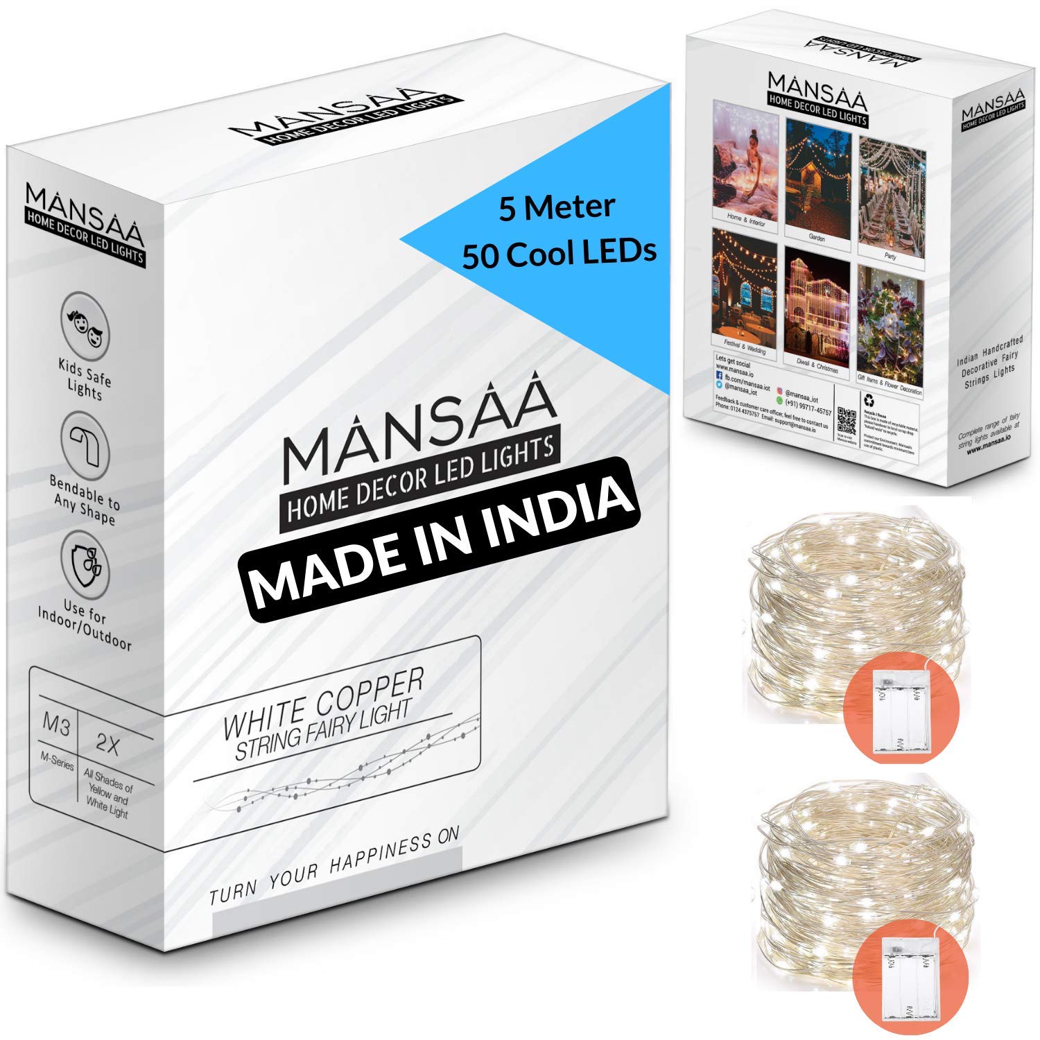 MANSAA M25 Battery Operated LED String Light | 5 Meter 50 LEDs | White Color | Battery Led Lights | Home Decor | Pack of 2