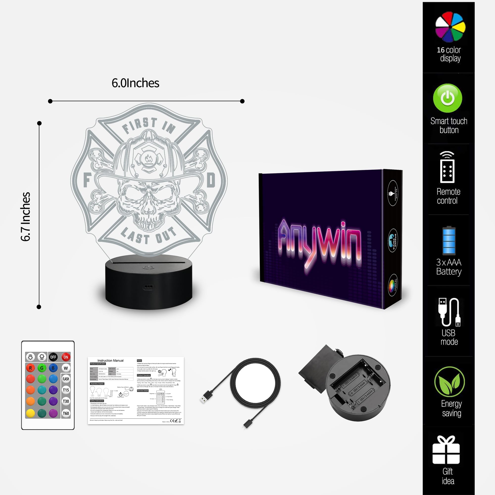 Anywin 3D Night Light For Firefighter, 16 Colors Change Smart Touch & Remote Control, Home Decor Led Bedside Table Desk Lamp, Ch