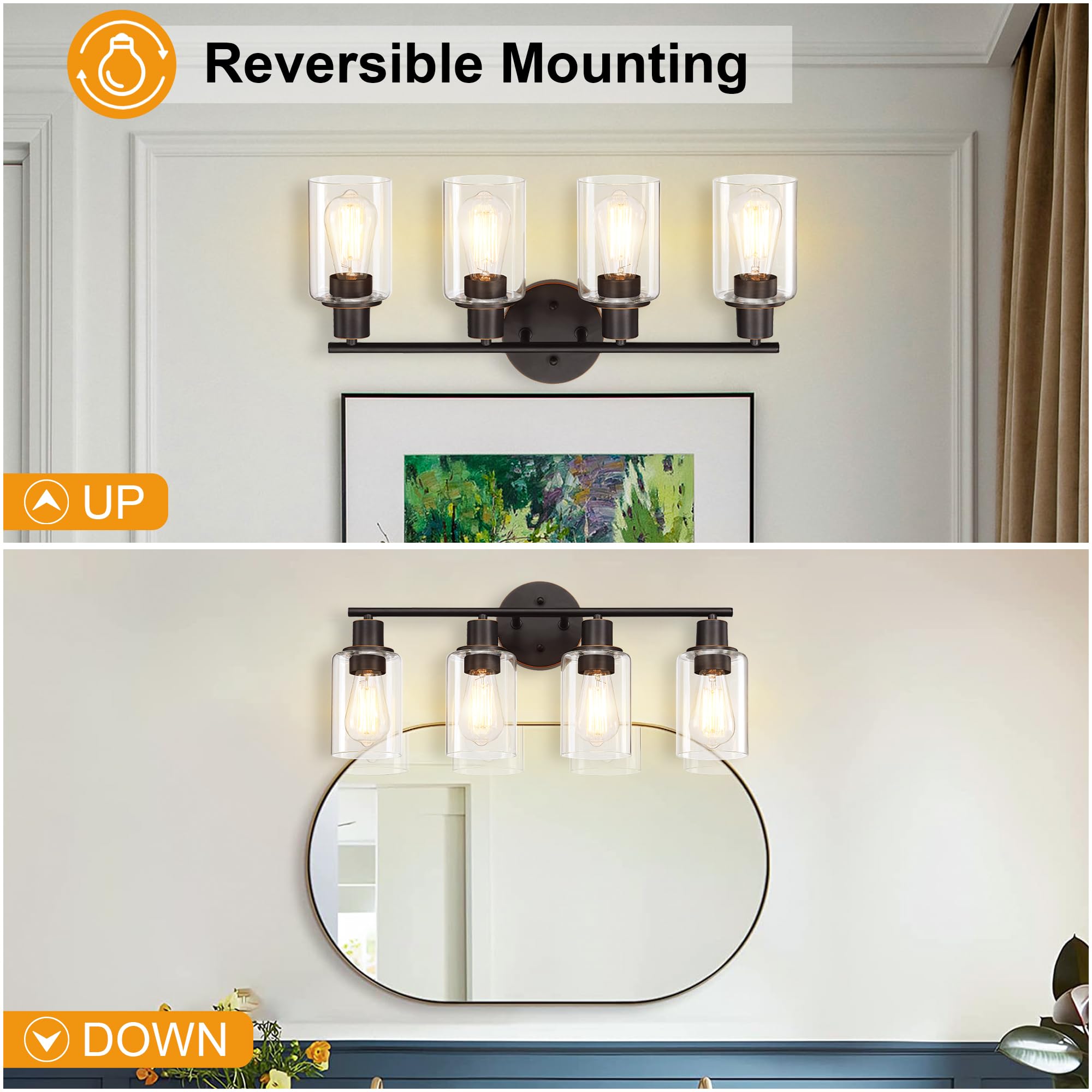 Pia Ricco Bathroom Vanity Light Fixtures, 4-Light Bathroom Wall Lights with Clear Glass Shades, Oil Rubbed Bronze Modern Wall Sc