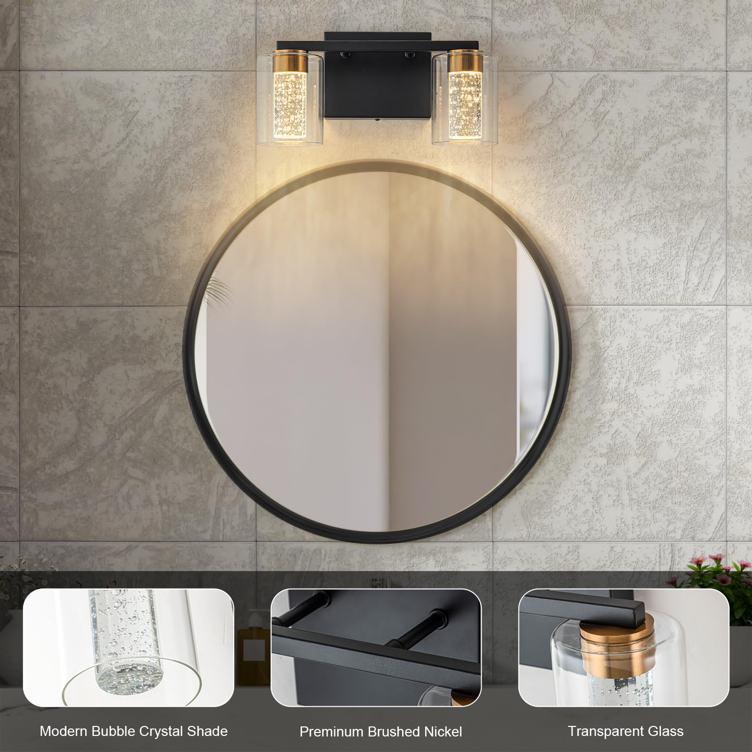 SineRise 2-Light Modern Vanity Light, Dimmable LED, Black-Gold, 3 Color Modes, Glass Shade, Model 02389336