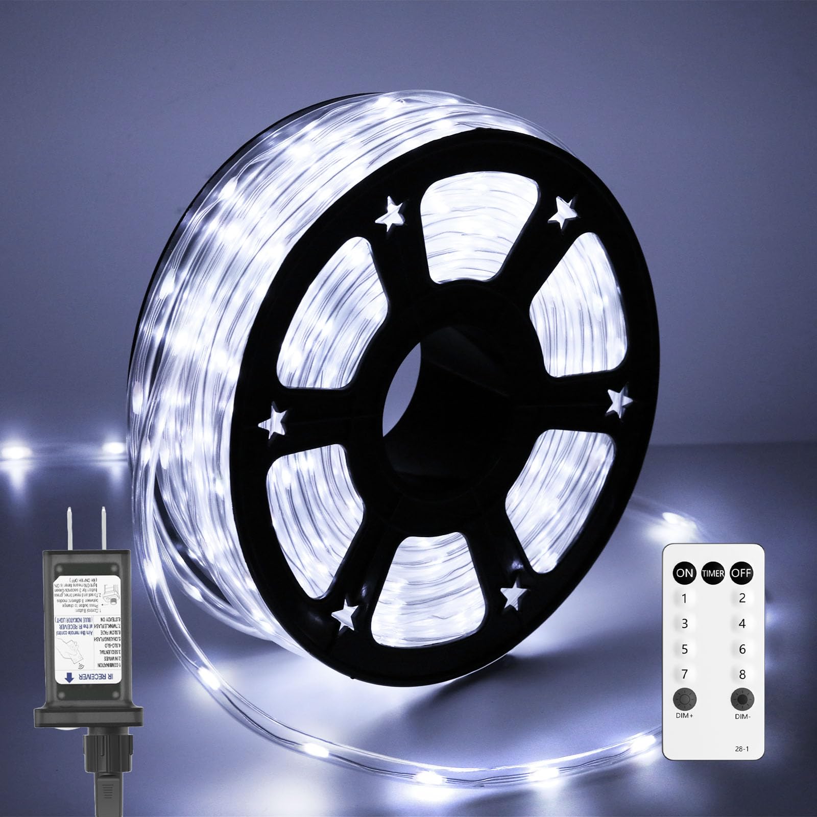 Soiarllt LED Waterproof Rope Lights, 50FT, Cool White, 8 Modes, 4 Brightness, Indoor/Outdoor Decoration, Model SLSL012-1