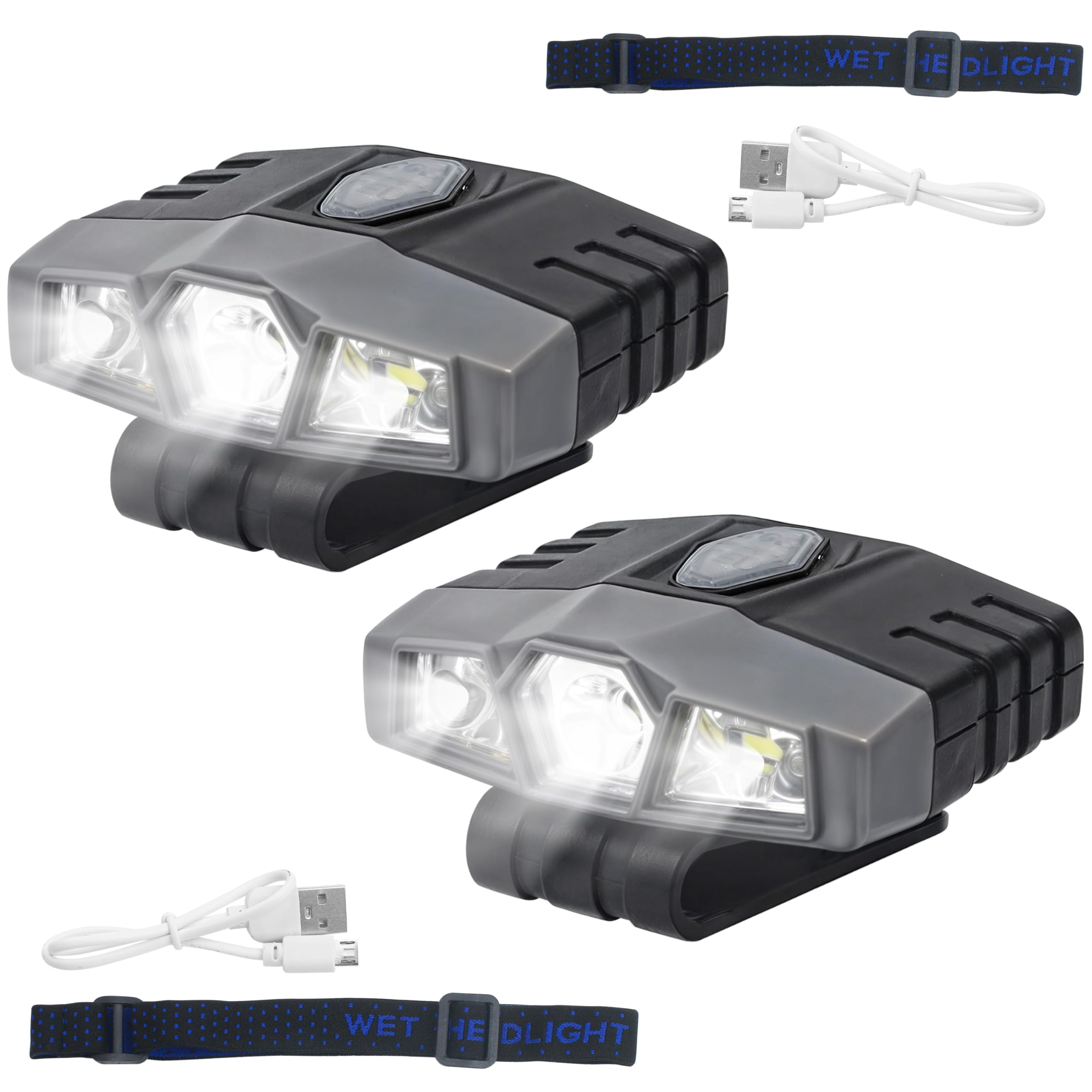 2 Pieces LED Clip On Cap Lights  Hat Flashlight Headlamp Brim Rechargeable Ultra Bright Mini Portable Spotlight for Hands-Free Baseball Caps Fishing Camping 150 Lumens Lighting Waterproof (Black-Grey)
