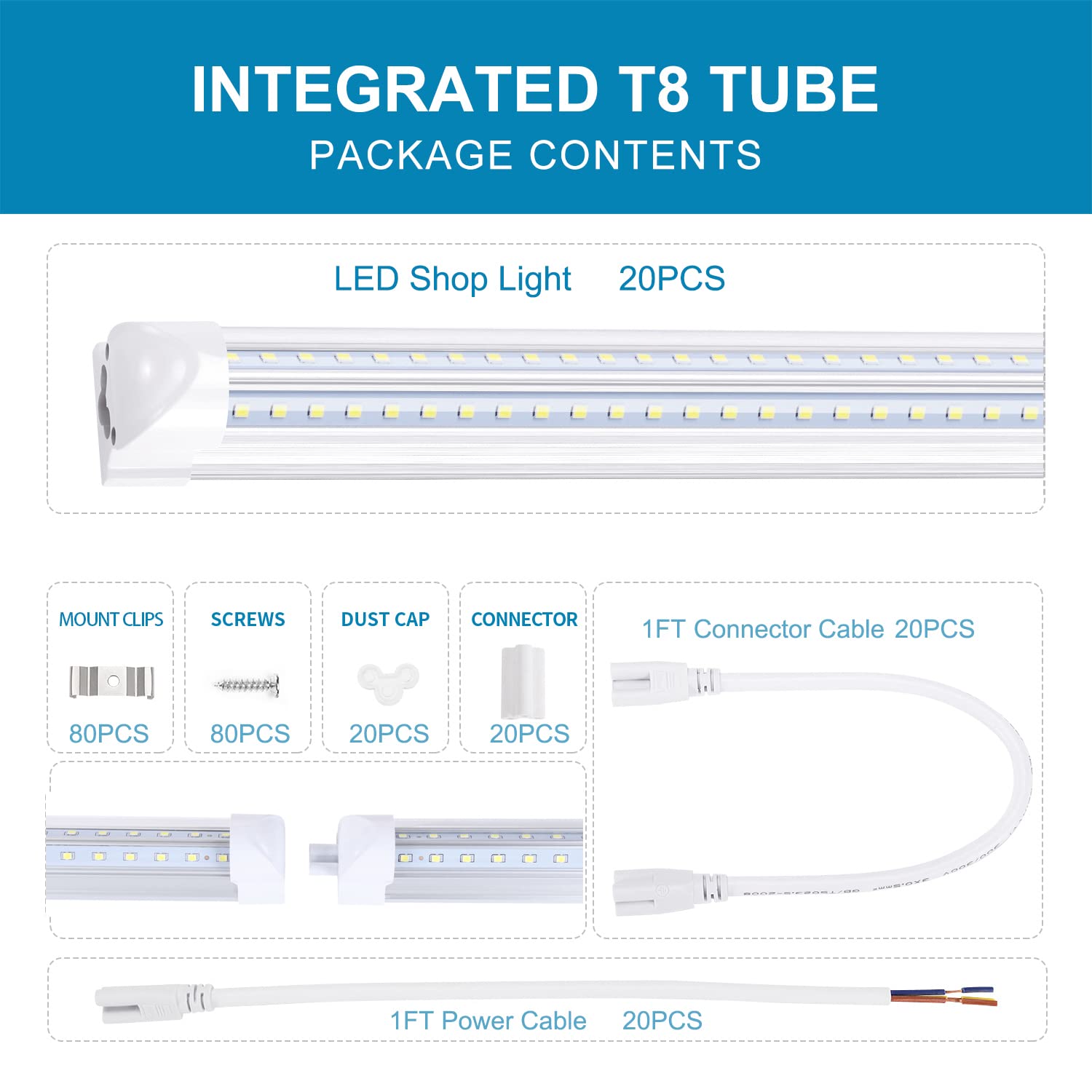 Ligheart Linkable Shop Lights Fixture,100W 8Ft Led Tubes, T8 Integrated Led Light Fixture, V Shaped 270 Degree,6000K, Plug And P