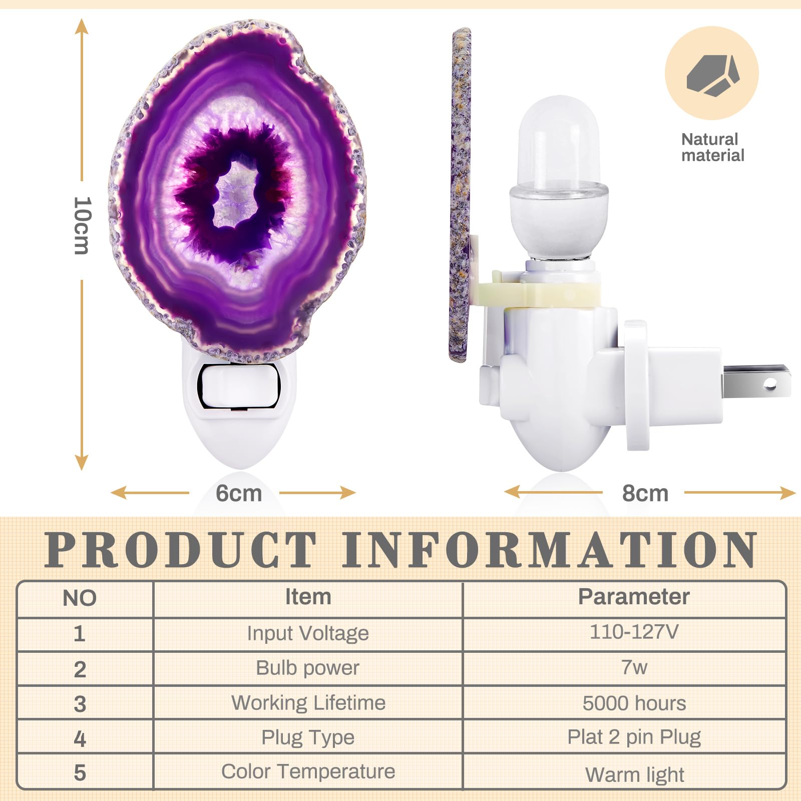 Agate Night Light Agate Slice Light Crystal Nightlight Plug Into Wall With Switch Home Decor Hallway Lights  Nightlight For Toilet Kitchen Bedroom (Purple)
