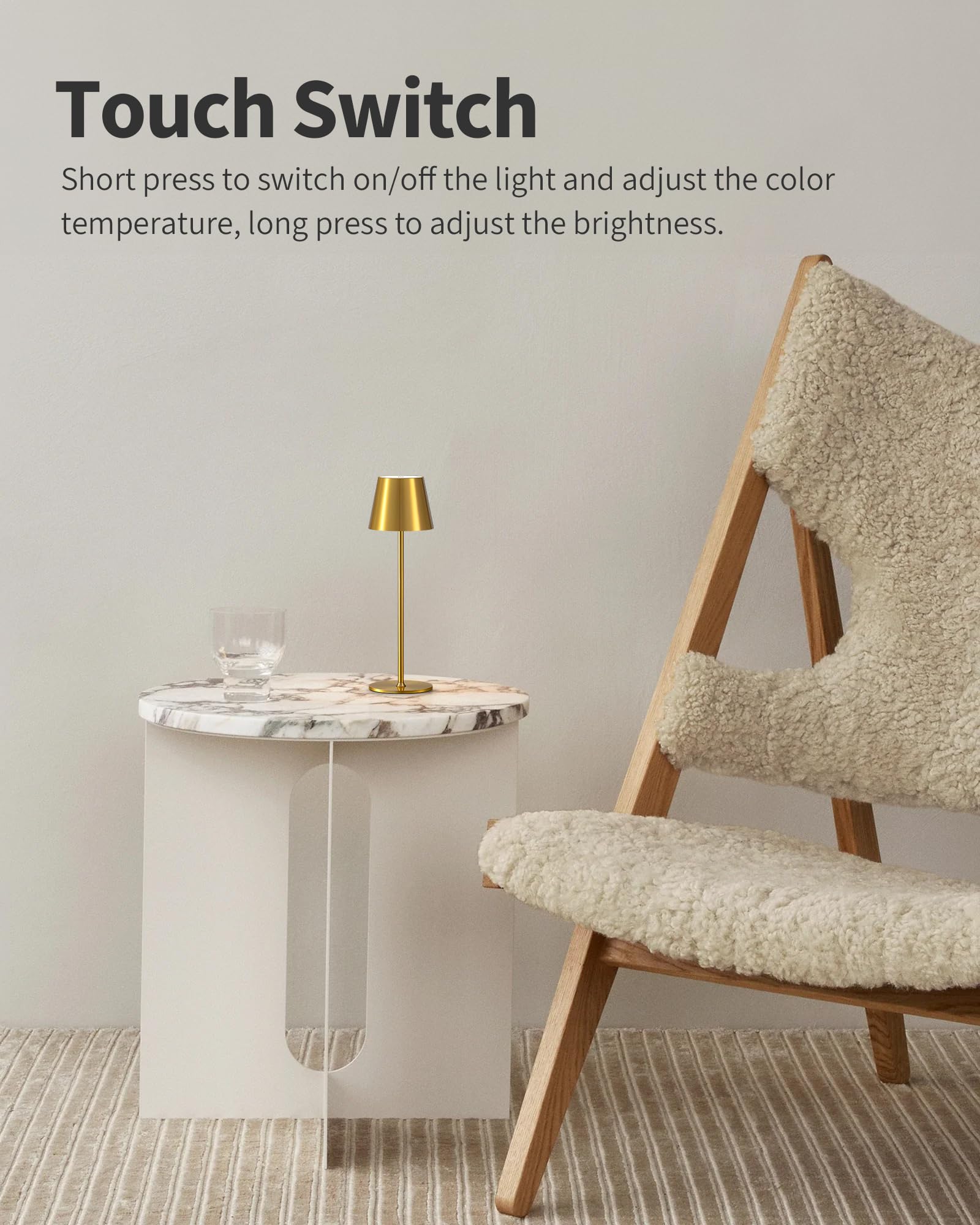 PUSU Cordless Rechargeable Table Lamp Set of 2, LED, 3 Color Stepless Dimming, Metal, Gold, Model AMZ-TBL-020