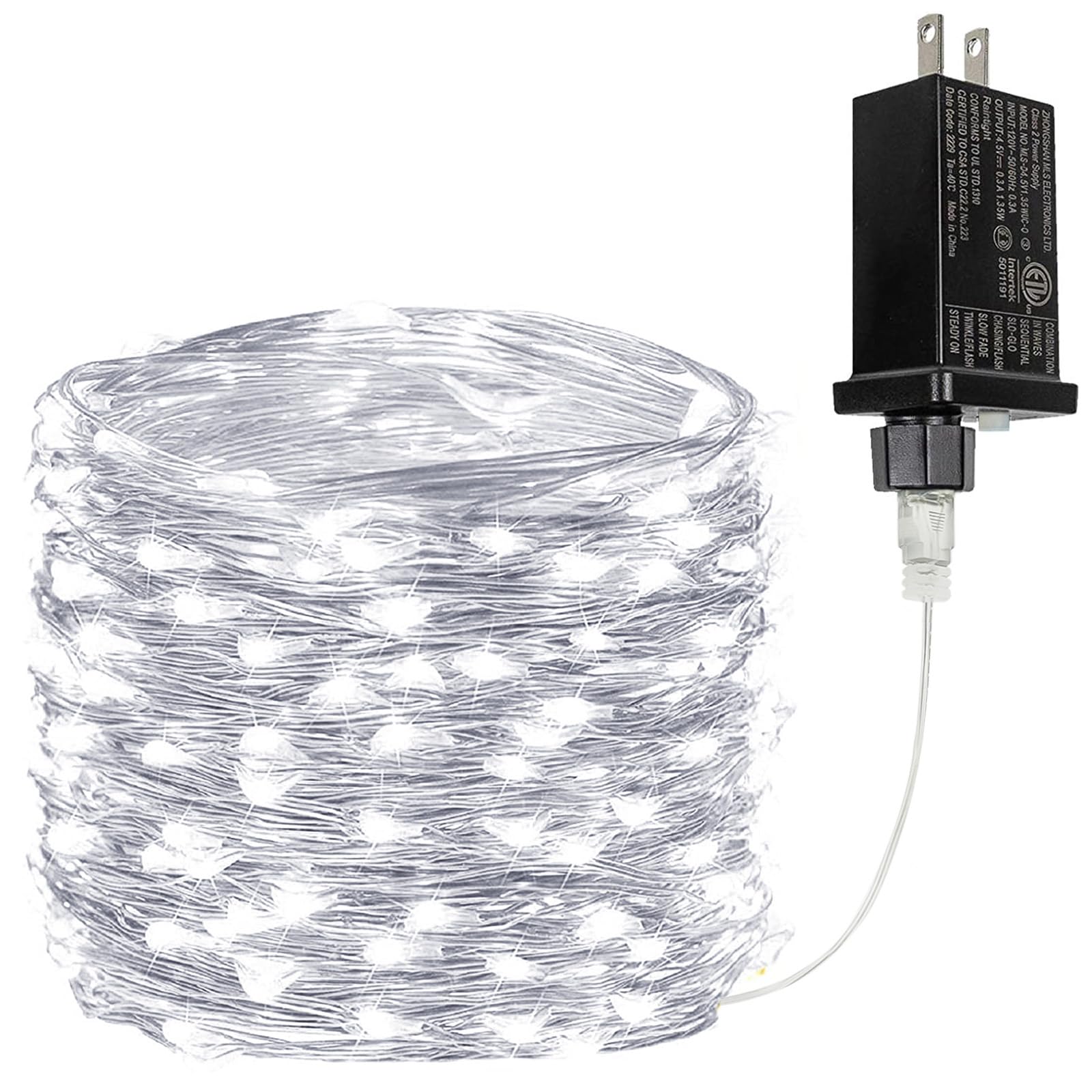 BHCLIGHT 33Ft 100LED Fairy Lights, Waterproof String Lights, 8 Modes with Timer, Cool White, Model MLS-D4.5V1.35WUC-O