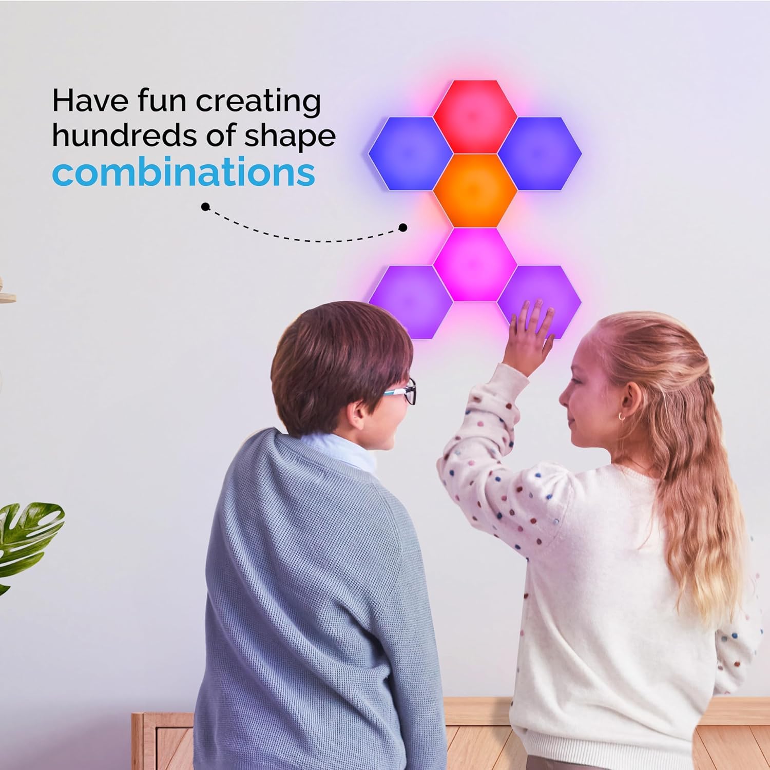 Emberela HEXlights Sensory Lights - 7pk Touch Hexagon Tiles, Remote Controlled, Autism-Friendly, Plastic, Kidz 7-pk