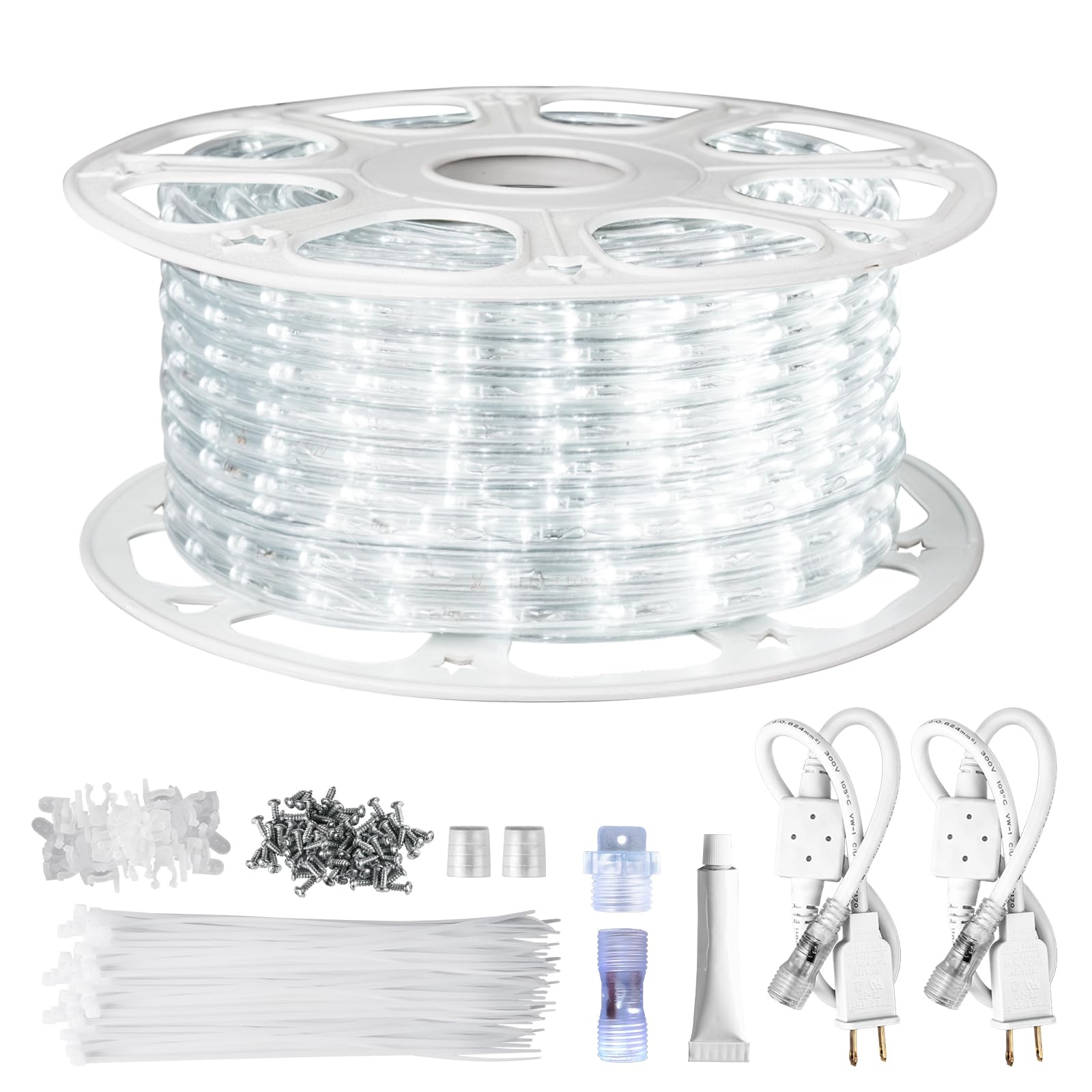 SURNIE Rope Lights Outdoor Waterproof Daylight White: LED 100FT Cuttable Outside Bright 110V Lighting 6000K Connectable Flexible Cool Clear Tube, Indoor Deck Patio Xmas Camping Decor, Not Flat Strip