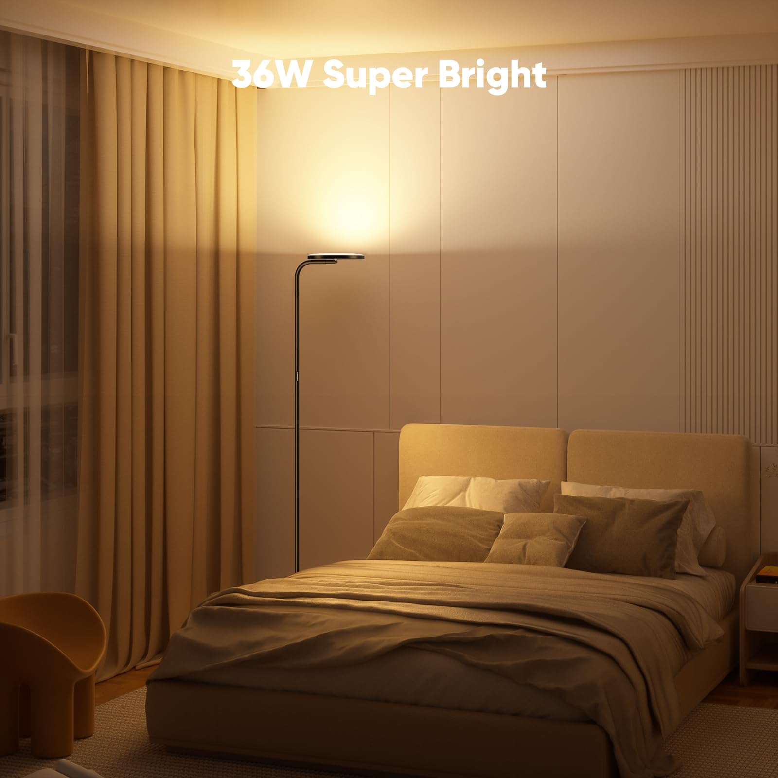 SIBRILLE 36W LED Floor Lamp, Modern Stepless Dimmable Torchiere with Remote, 350° Rotating Head, Black, Model MF30012R