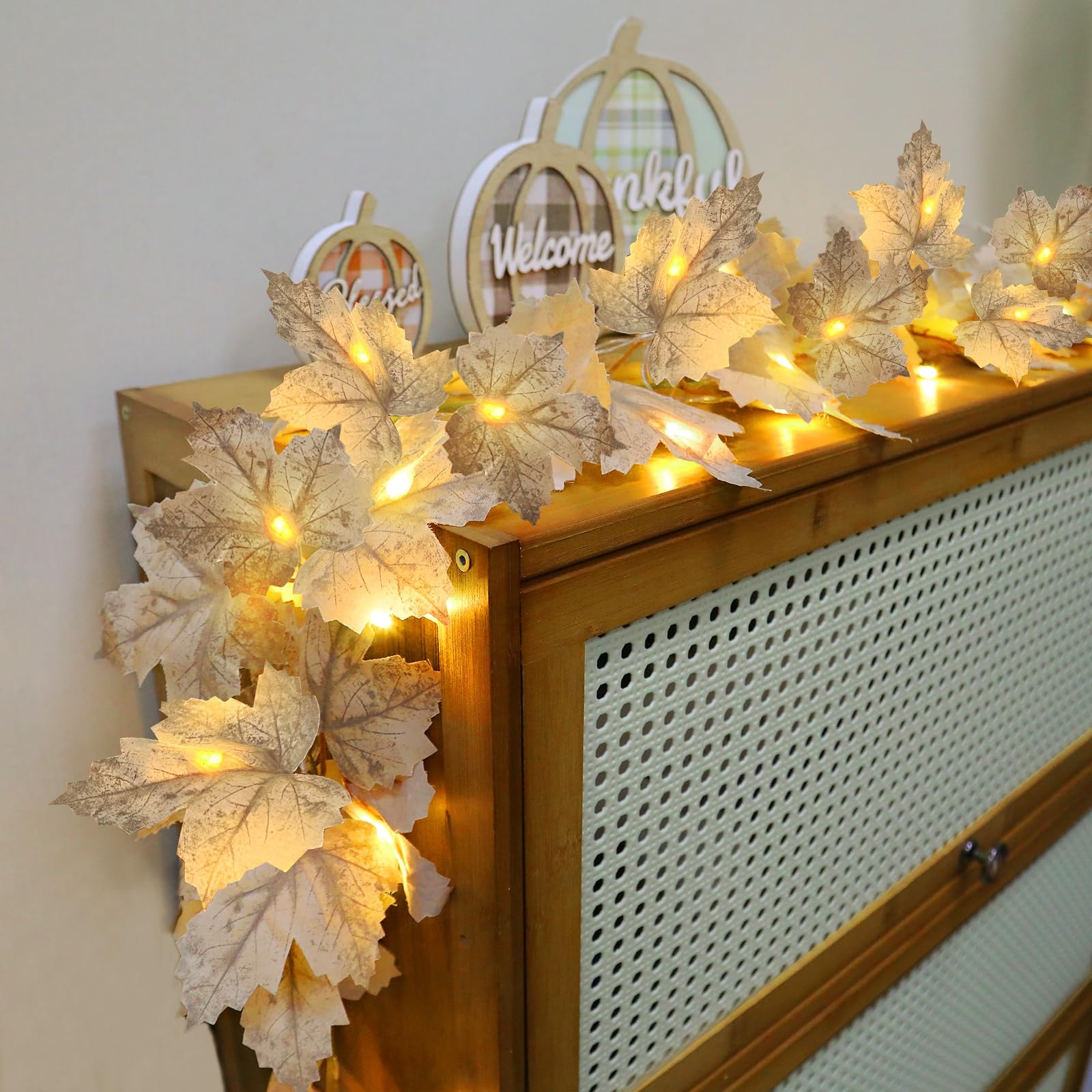 [ Timer & 3 Pack ] Fall Lighted Garland Halloween Fall Decor, 20Ft 60LED Autumn Maples Leafed Garland Waterproof Battery Operate