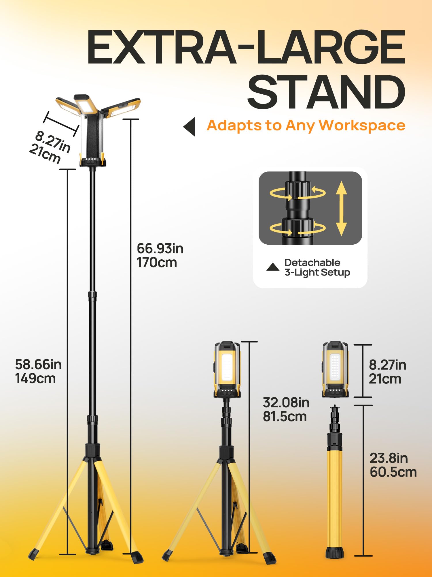 mlogiroa Rechargeable Camping Light with Stand, 10000mAh, 67in Yellow, Model HW0033-Y, Cordless LED Work Light, 2 Detachable Lamp Panels